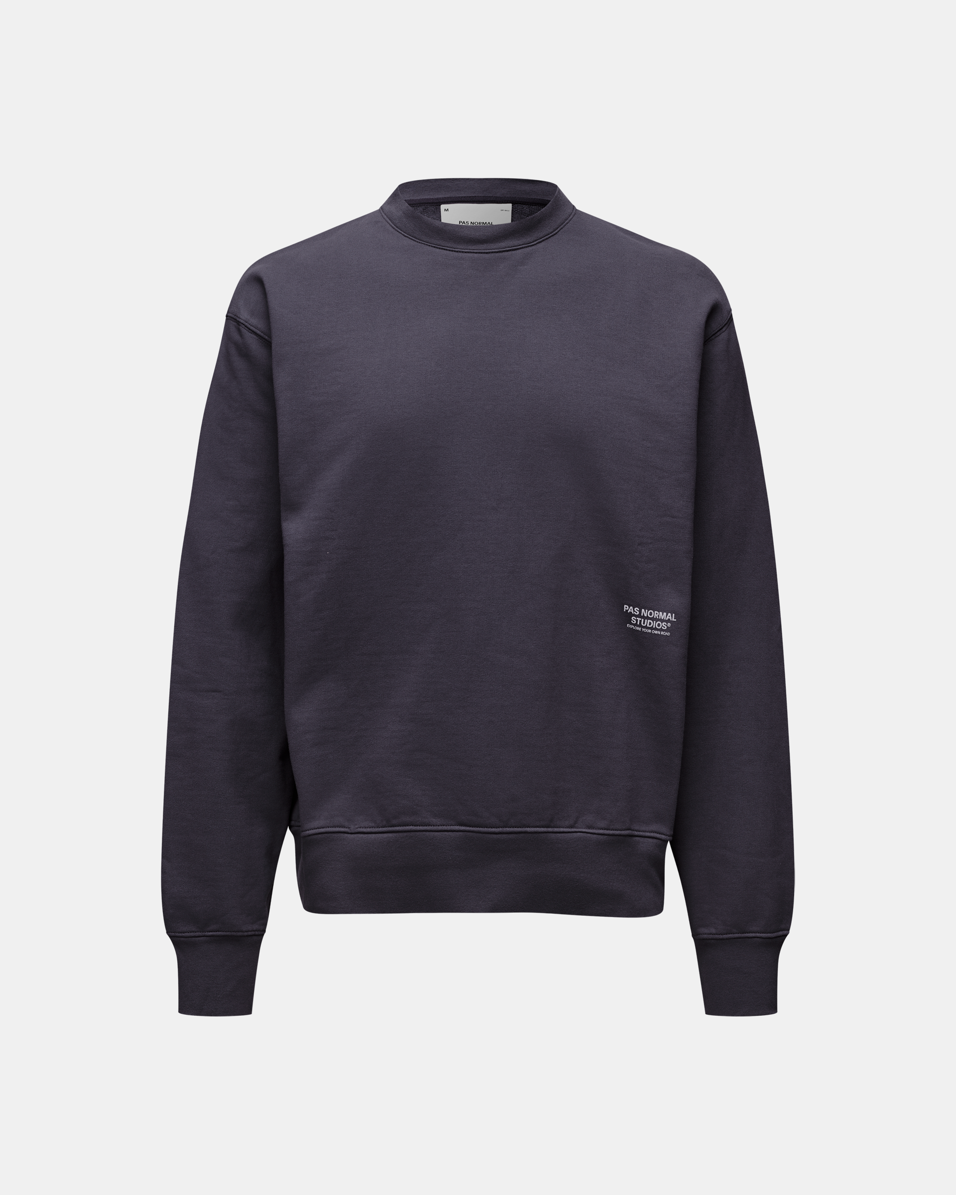 Iron Grey Off-Race sweatshirt, front flat lay with white logo patch on lower right