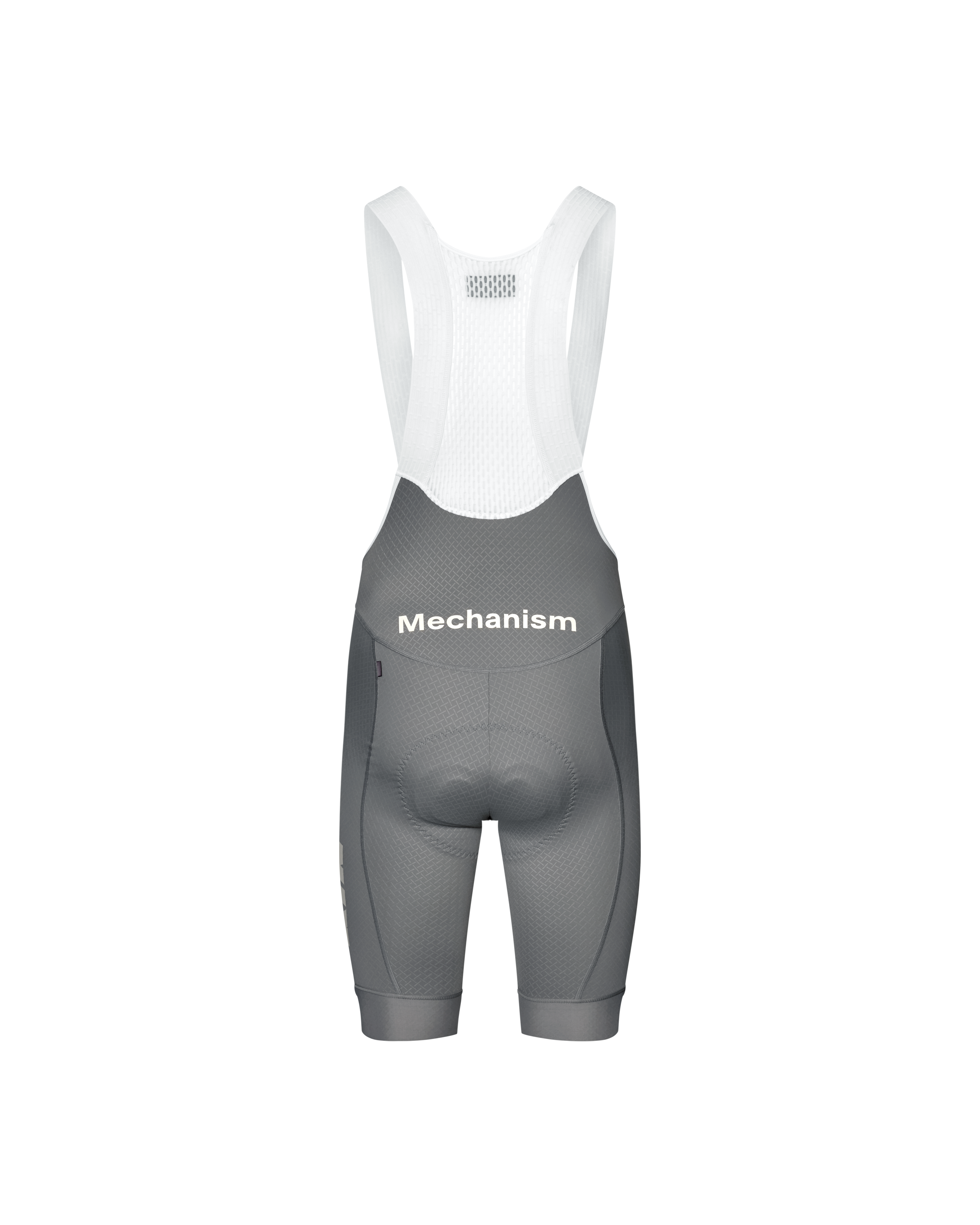 Medium Grey Mechanism cycling bibs, rear view on mannequin with white bib straps and contrast side panels