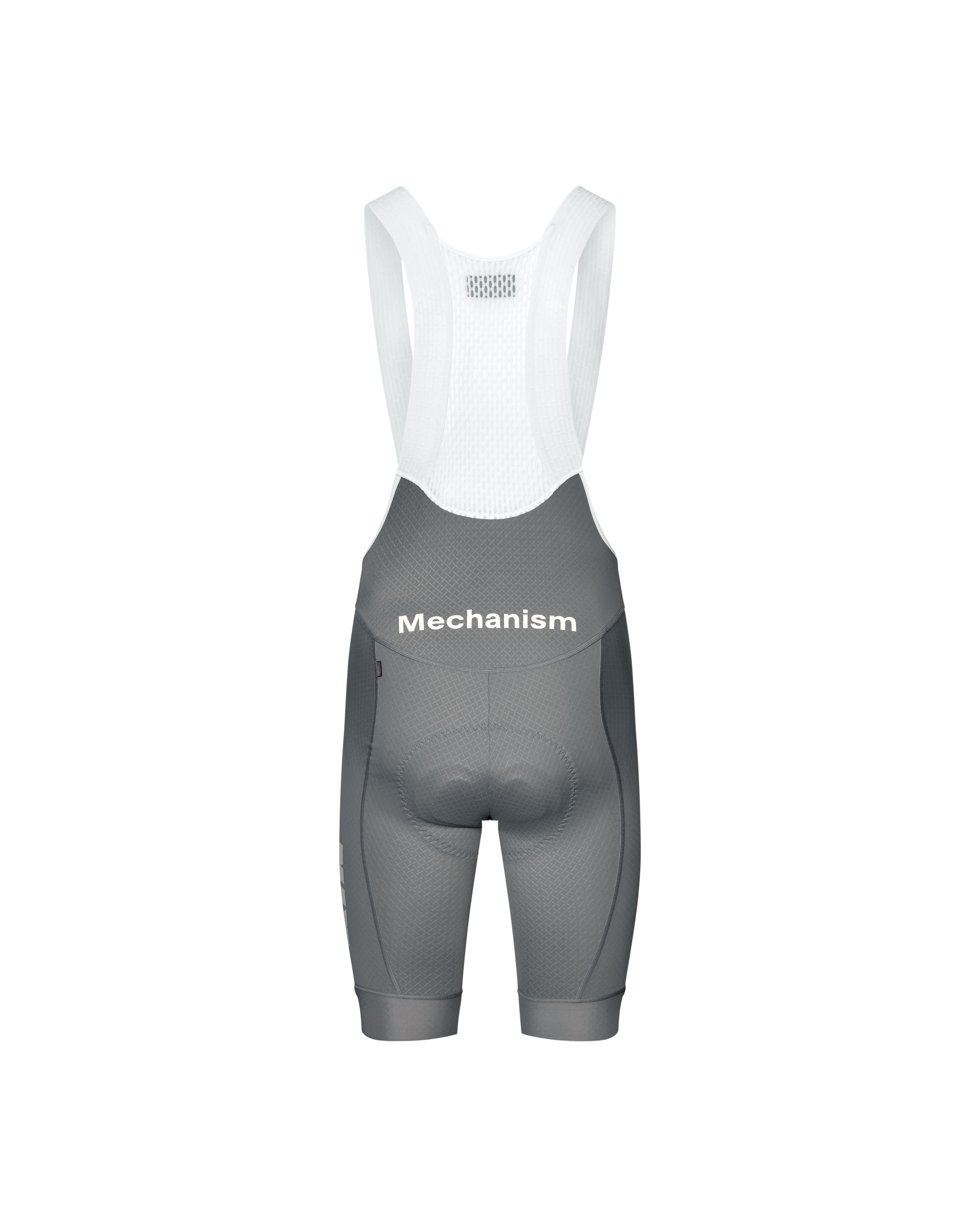 Medium Grey Mechanism cycling bibs, rear view on mannequin with white bib straps and contrast side panels