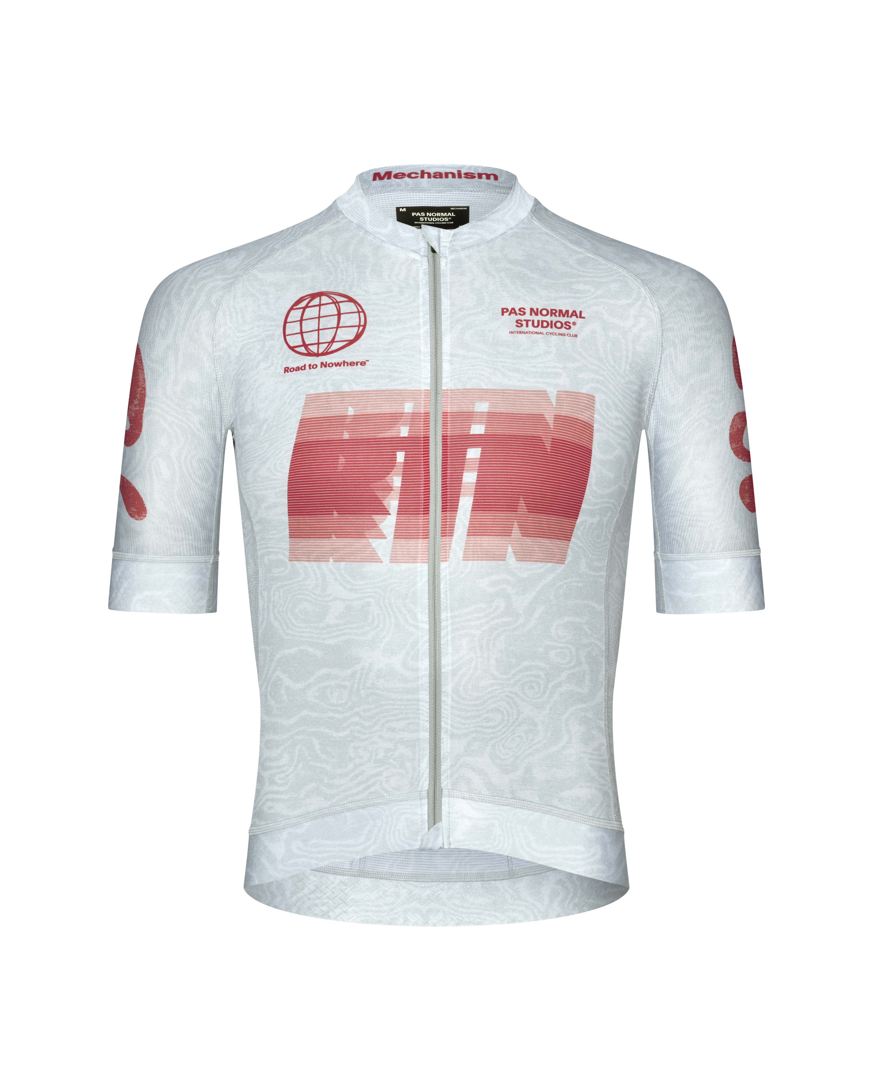 Light Aqua Mechanism Logo cycling jersey, front flat lay with red RTN graphic print and topographic pattern