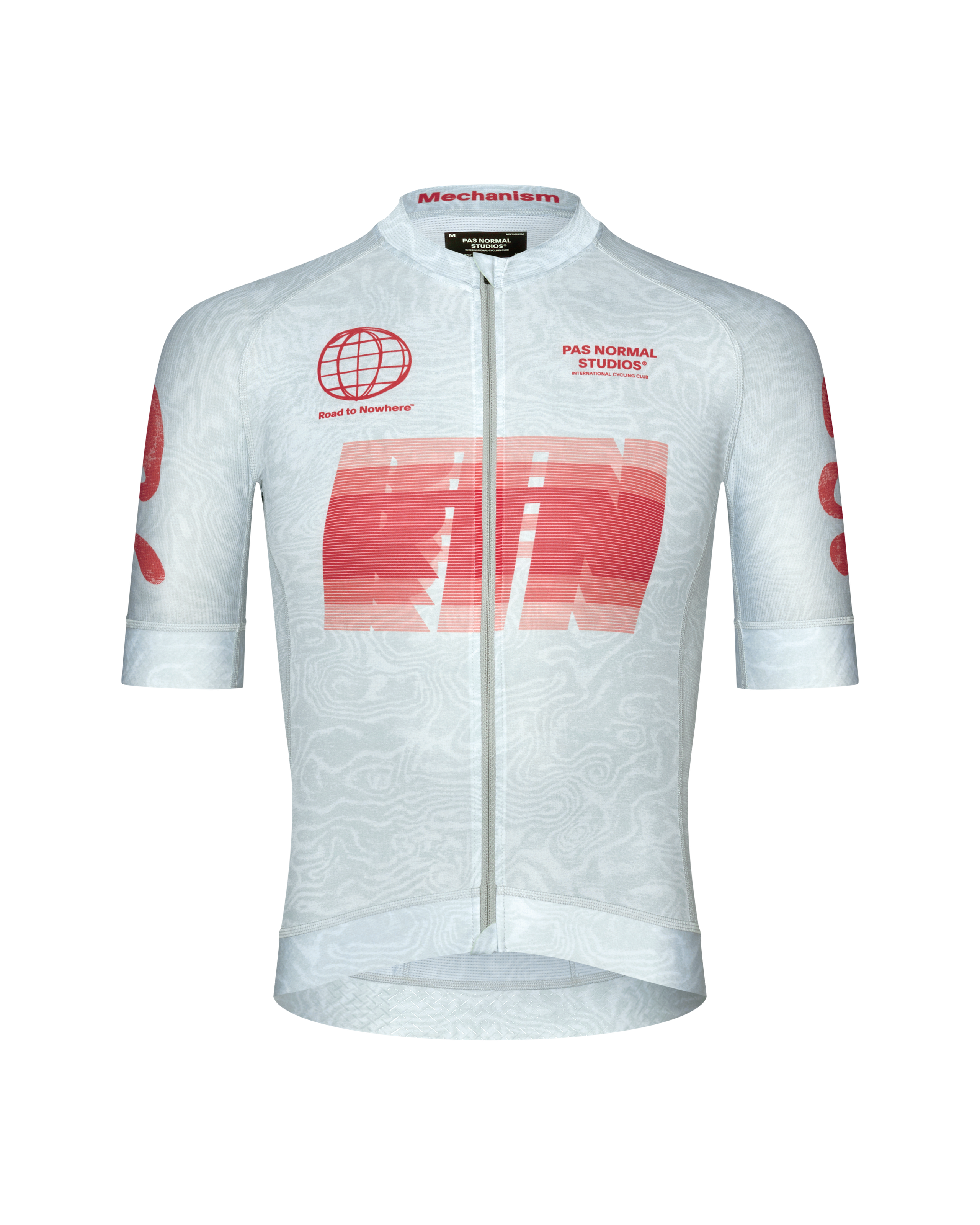 Light Aqua Mechanism Logo cycling jersey, front flat lay with red RTN graphic print and topographic pattern