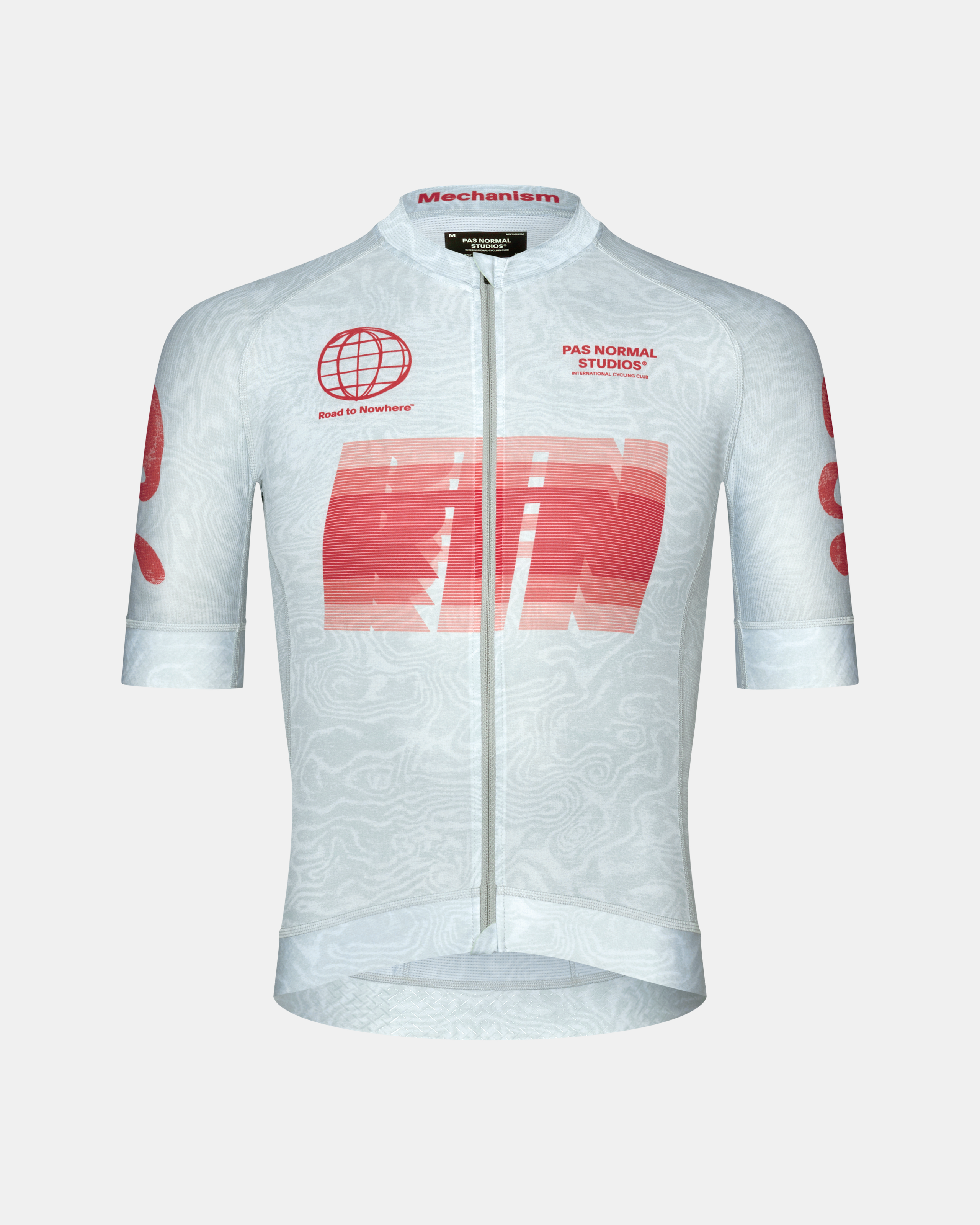 Light Aqua Mechanism Logo cycling jersey, front flat lay with red RTN graphic print and topographic pattern