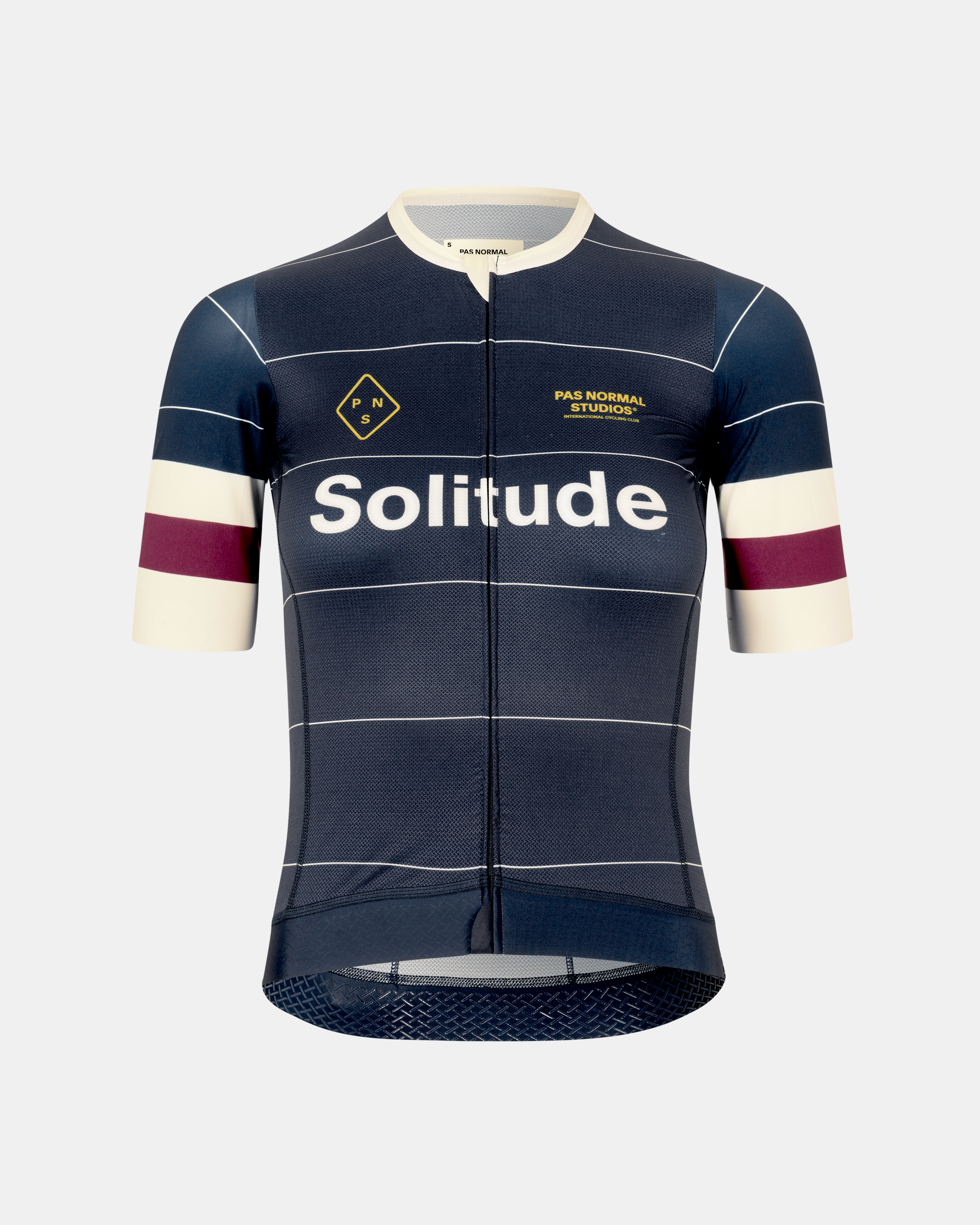 Navy Solitude cycling jersey, front view with cream and burgundy sleeve stripes