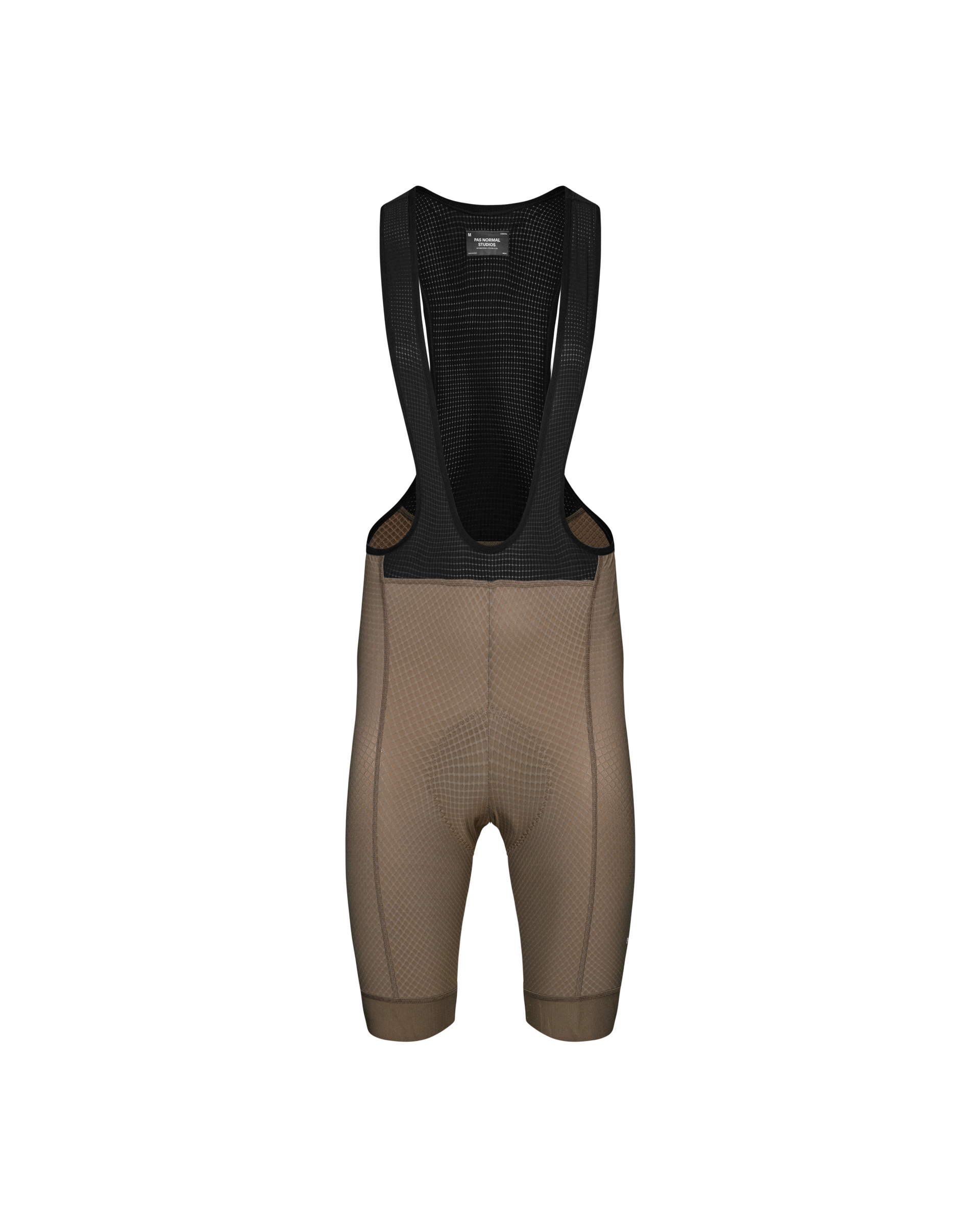 Earth Essential cycling bibs, front flat lay with black mesh bib and contrast stitching