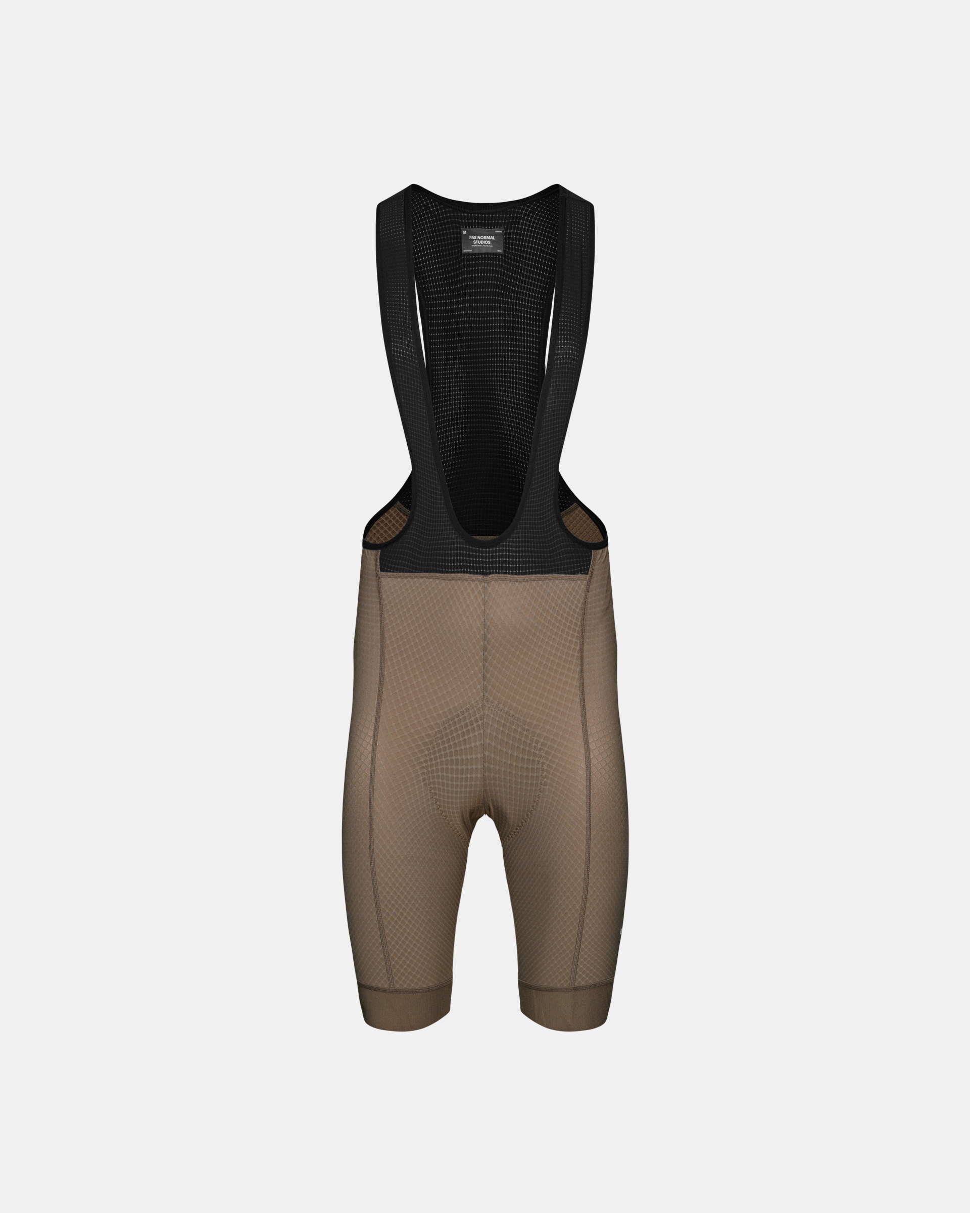 Earth Essential cycling bibs, front flat lay with black mesh bib and contrast stitching