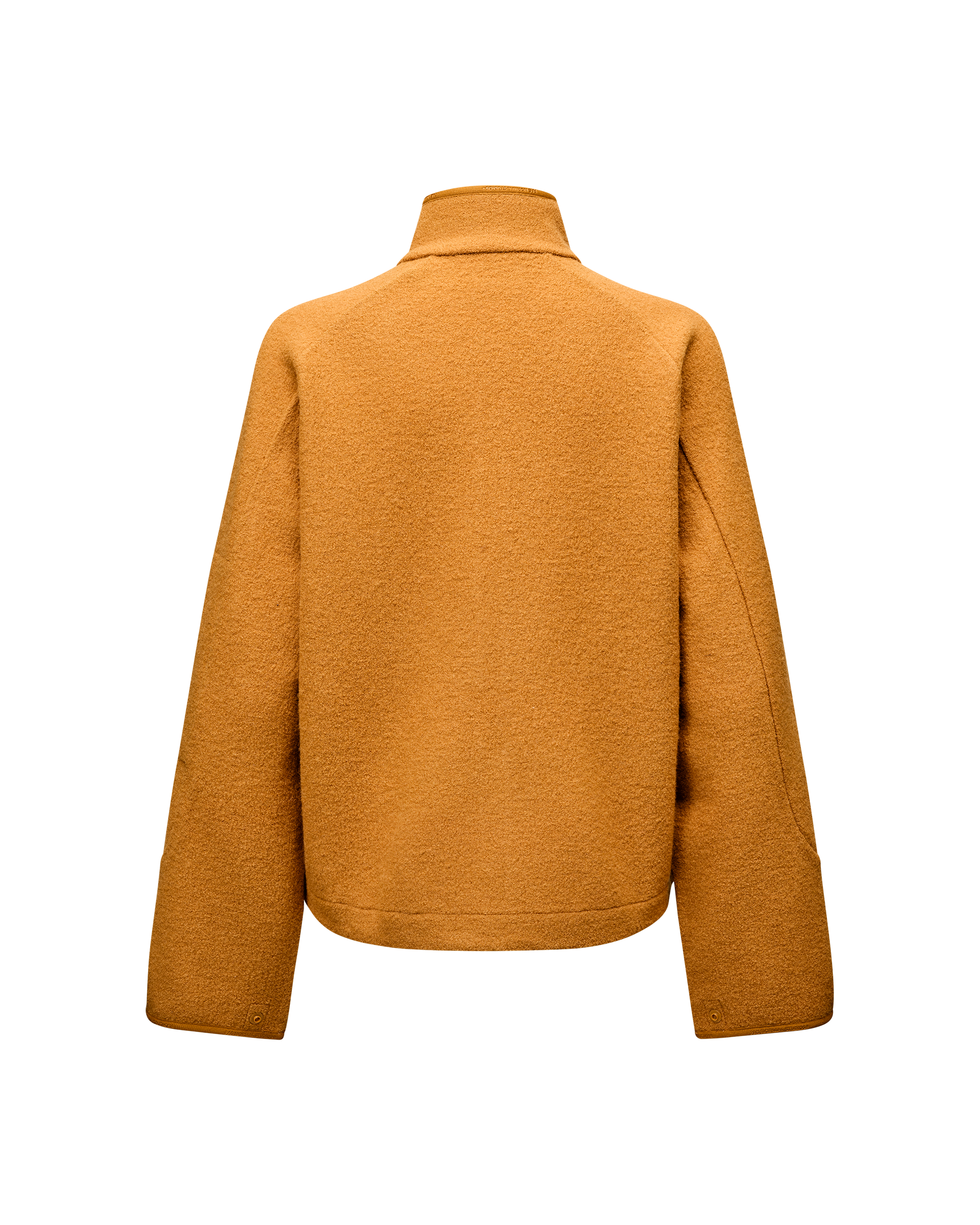 Ochre Off-Race Boiled Wool jacket, rear flat lay with stand collar and snap cuffs
