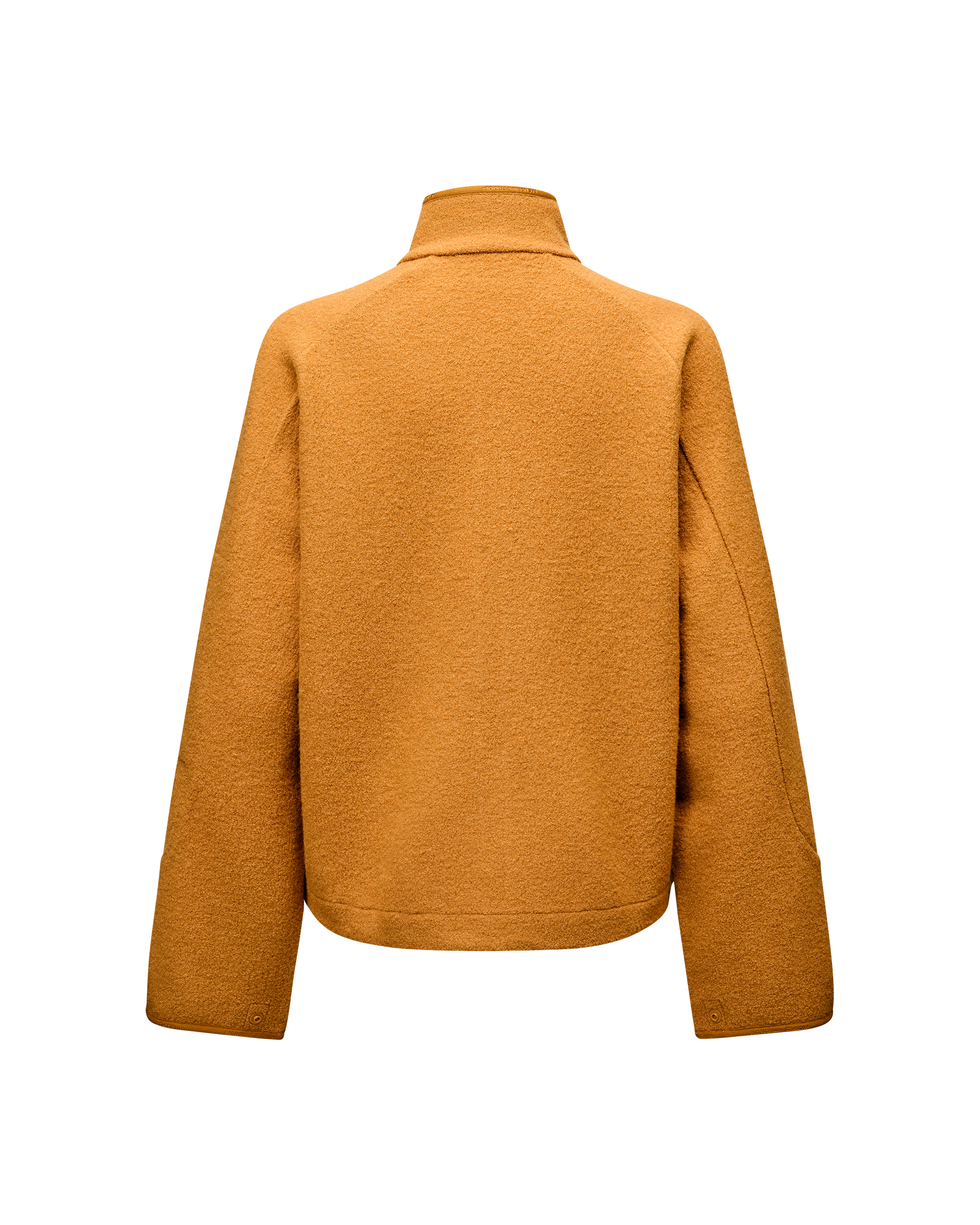 Ochre Off-Race Boiled Wool jacket, rear flat lay with stand collar and snap cuffs