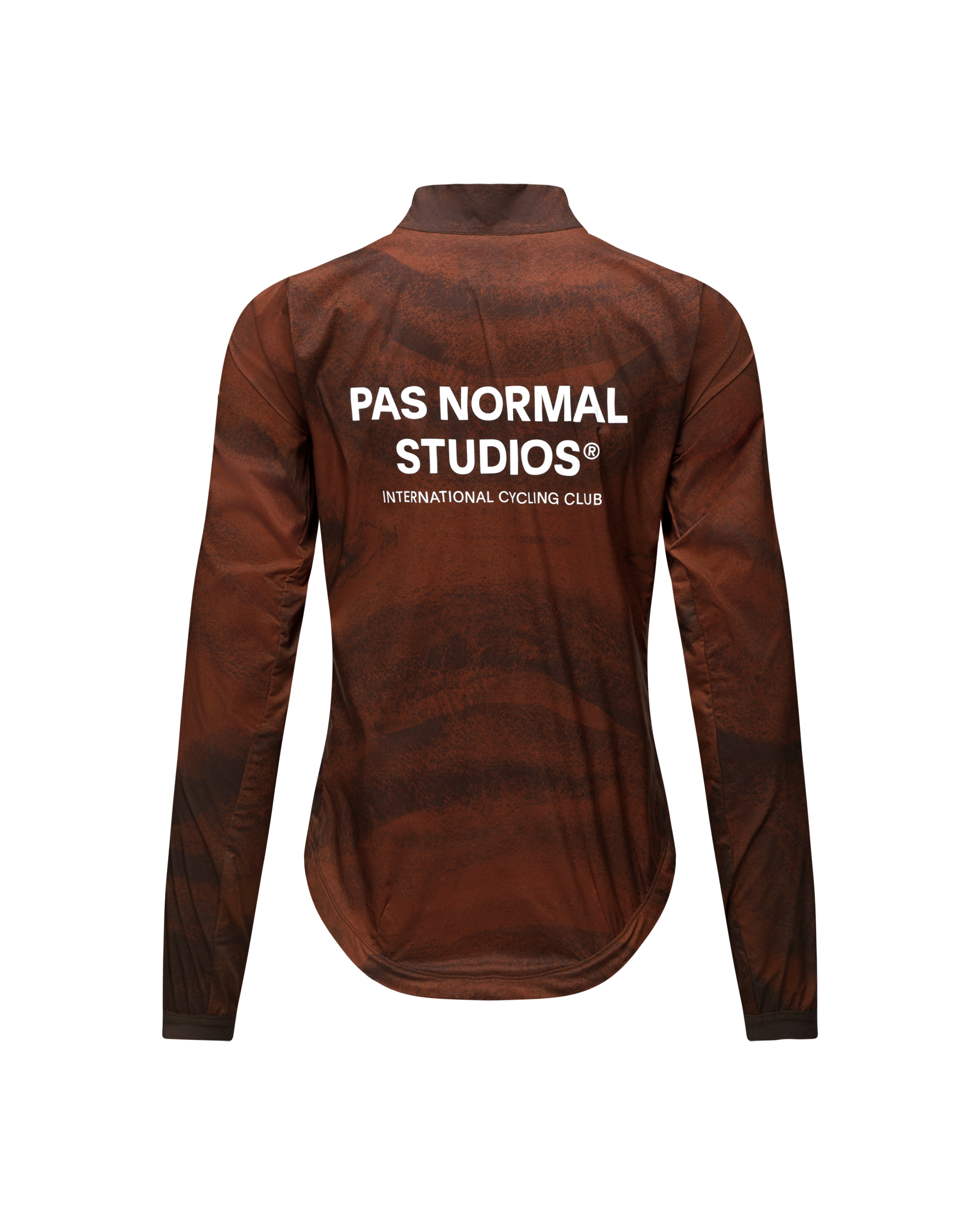 Brown Mechanism Stow Away jacket, rear flat lay with white back print