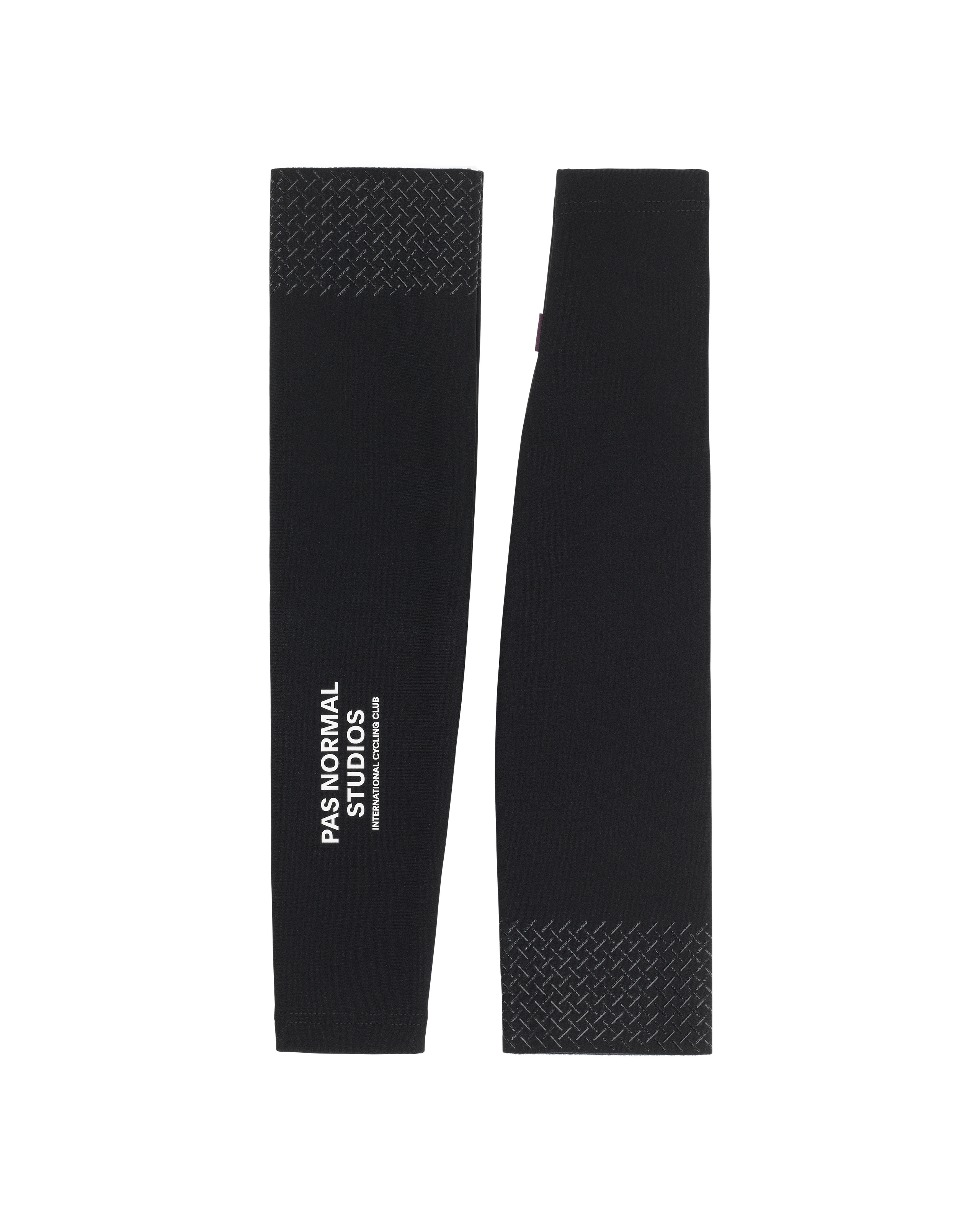 Black Logo arm warmers, flat lay pair with textured silicone grippers