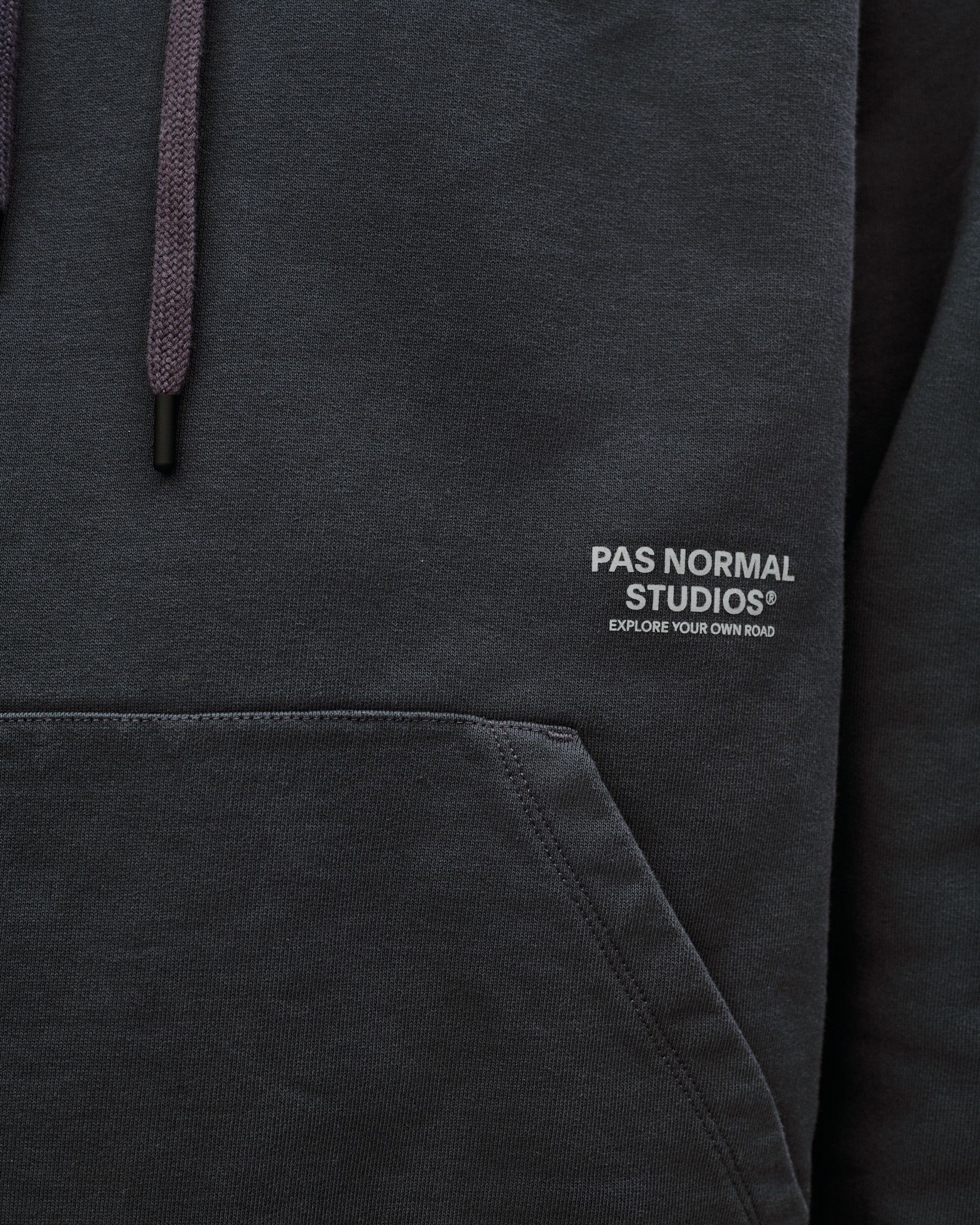 Dark Navy Off-Race Graphic hoodie detail view with kangaroo pocket and contrast drawstring