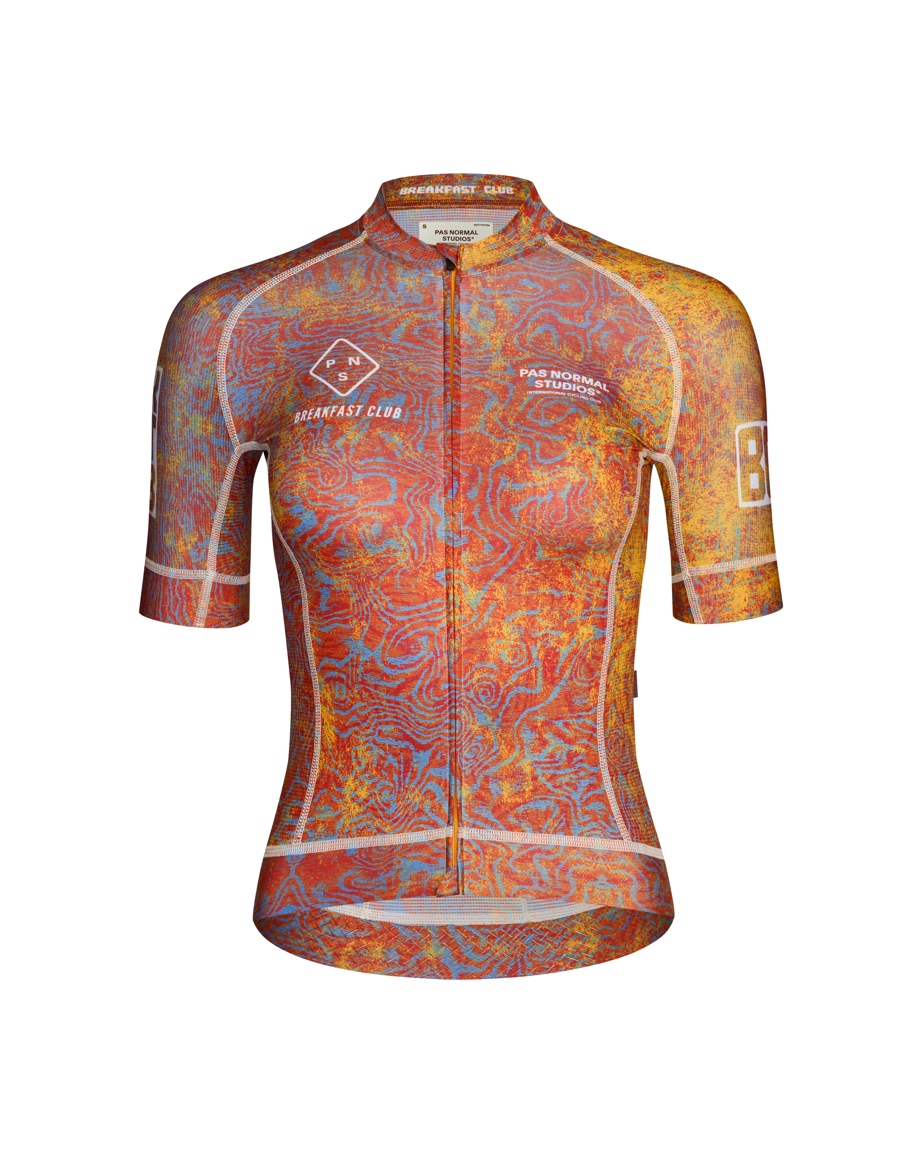 Breakfast Club Mechanism cycling jersey, front flat lay with red and blue topographic all-over print