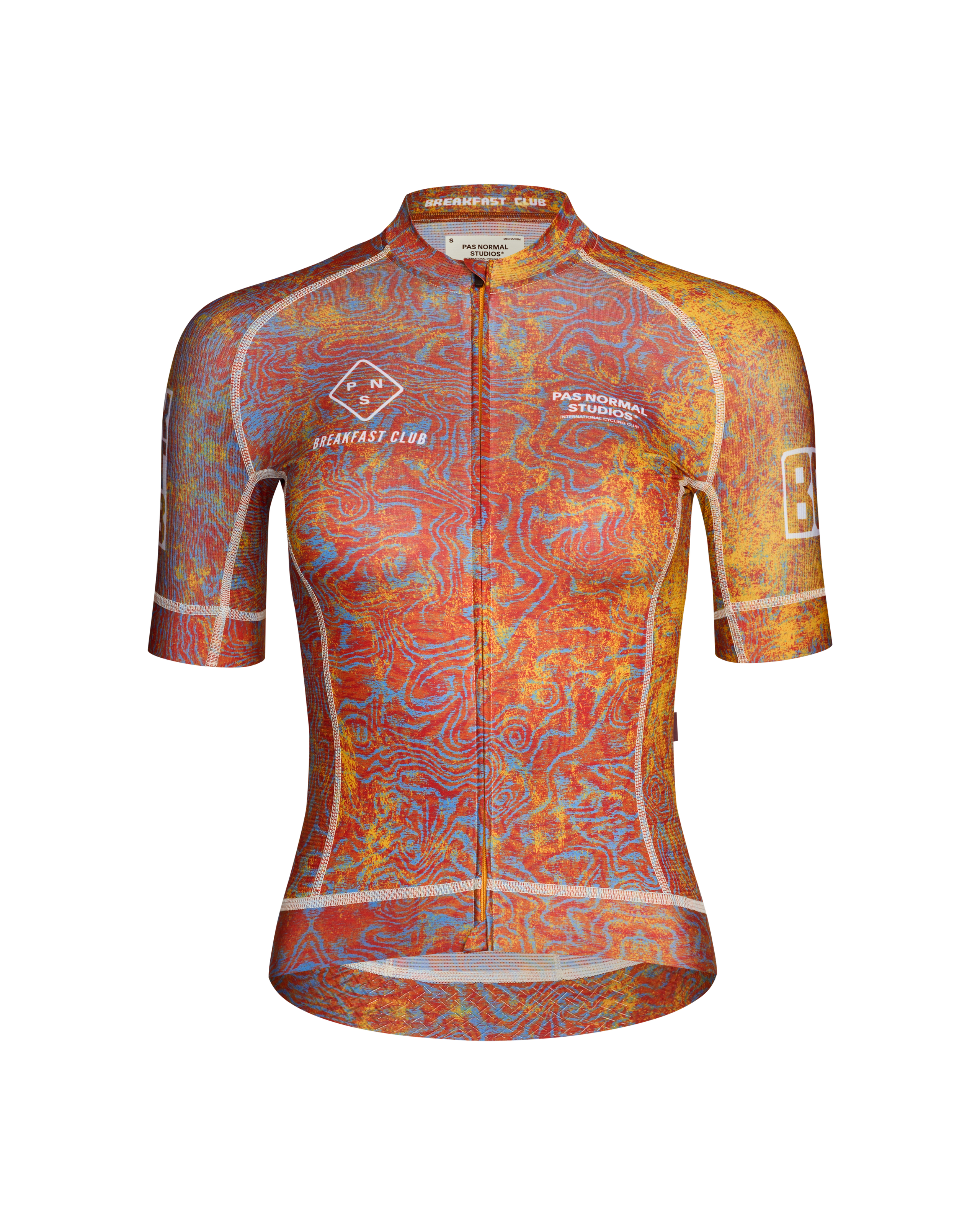 Breakfast Club Mechanism cycling jersey, front flat lay with red and blue topographic all-over print