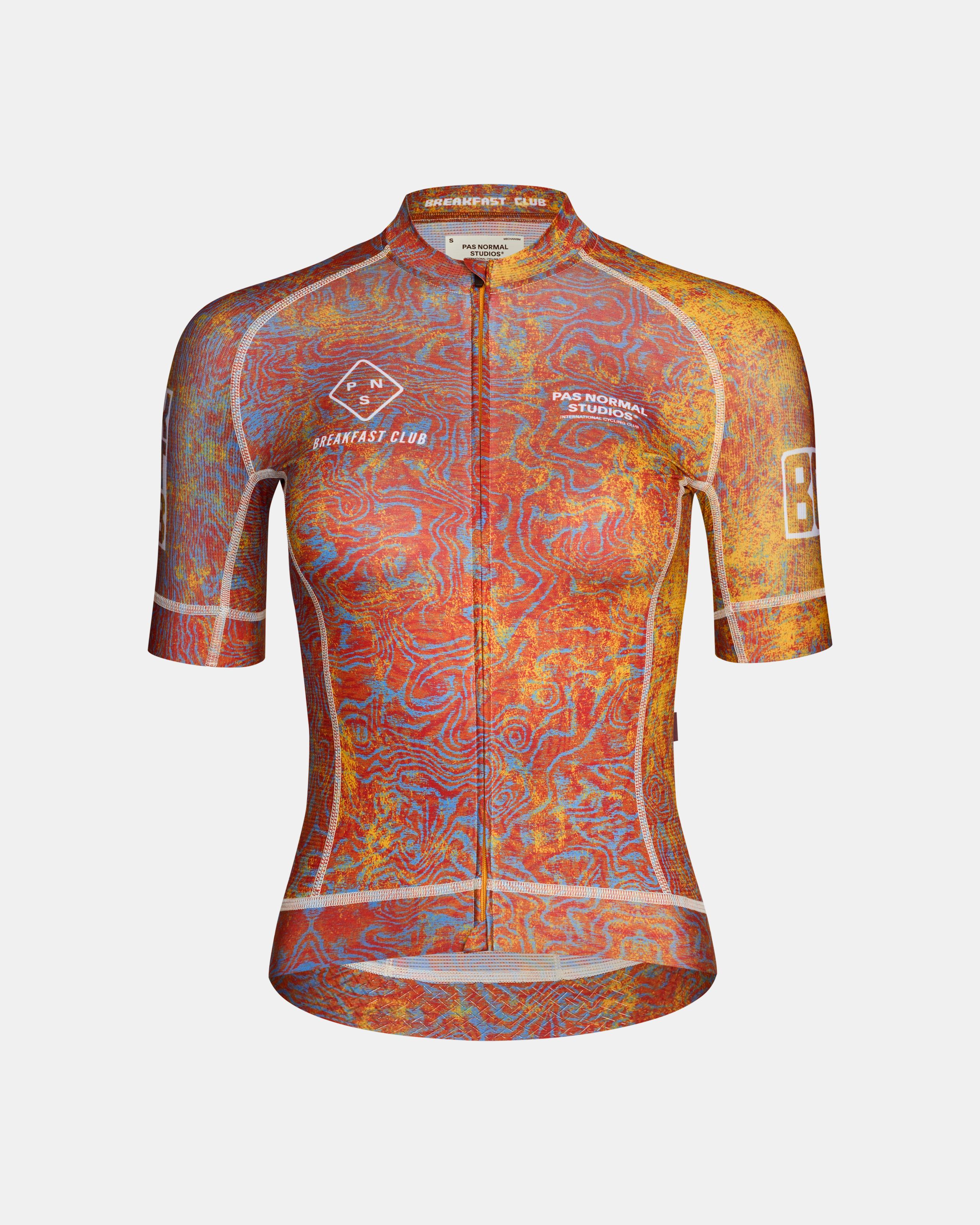 Breakfast Club Mechanism cycling jersey, front flat lay with red and blue topographic all-over print
