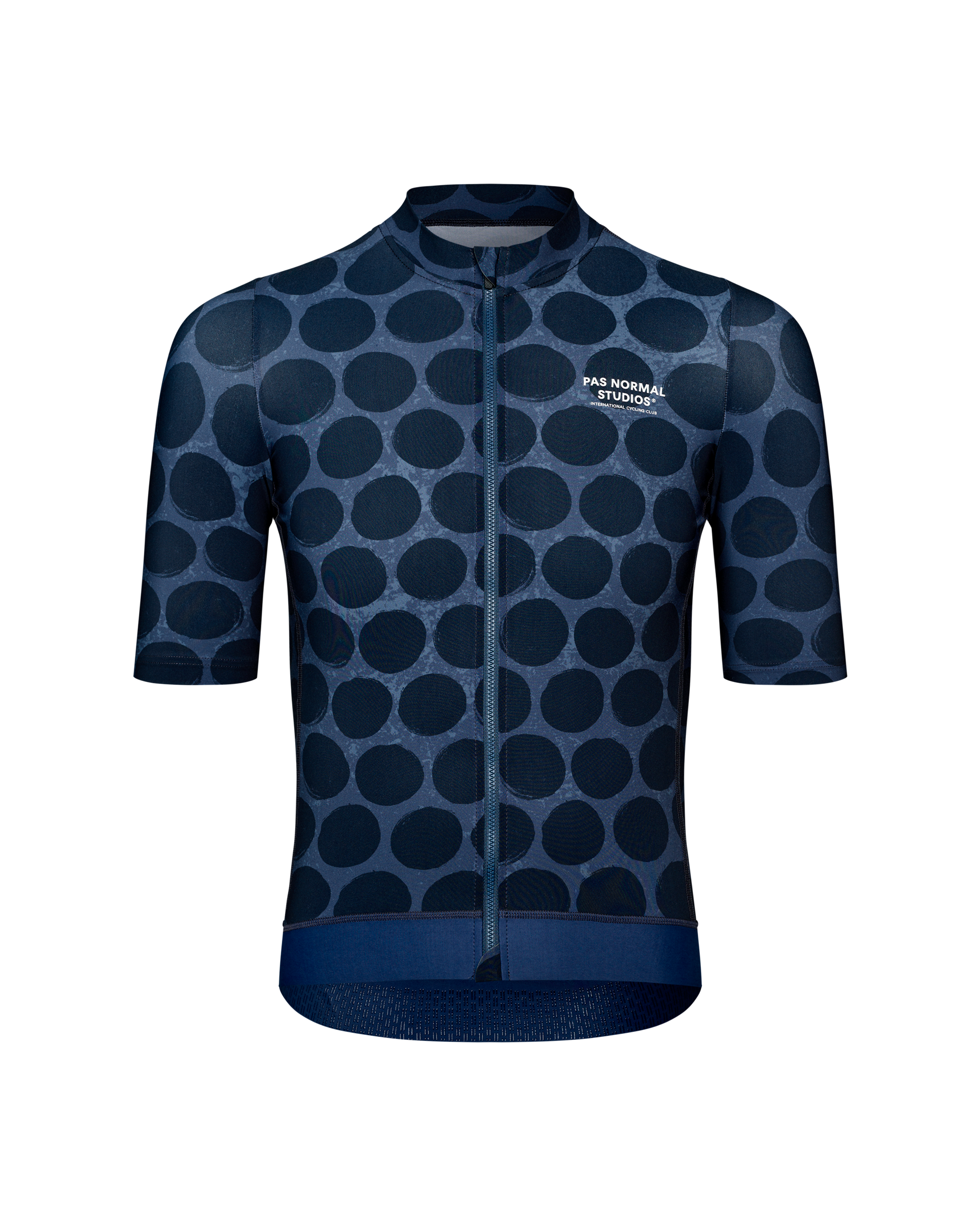 Dark Navy Essential cycling jersey, front flat lay with all-over dot print and full-length zip