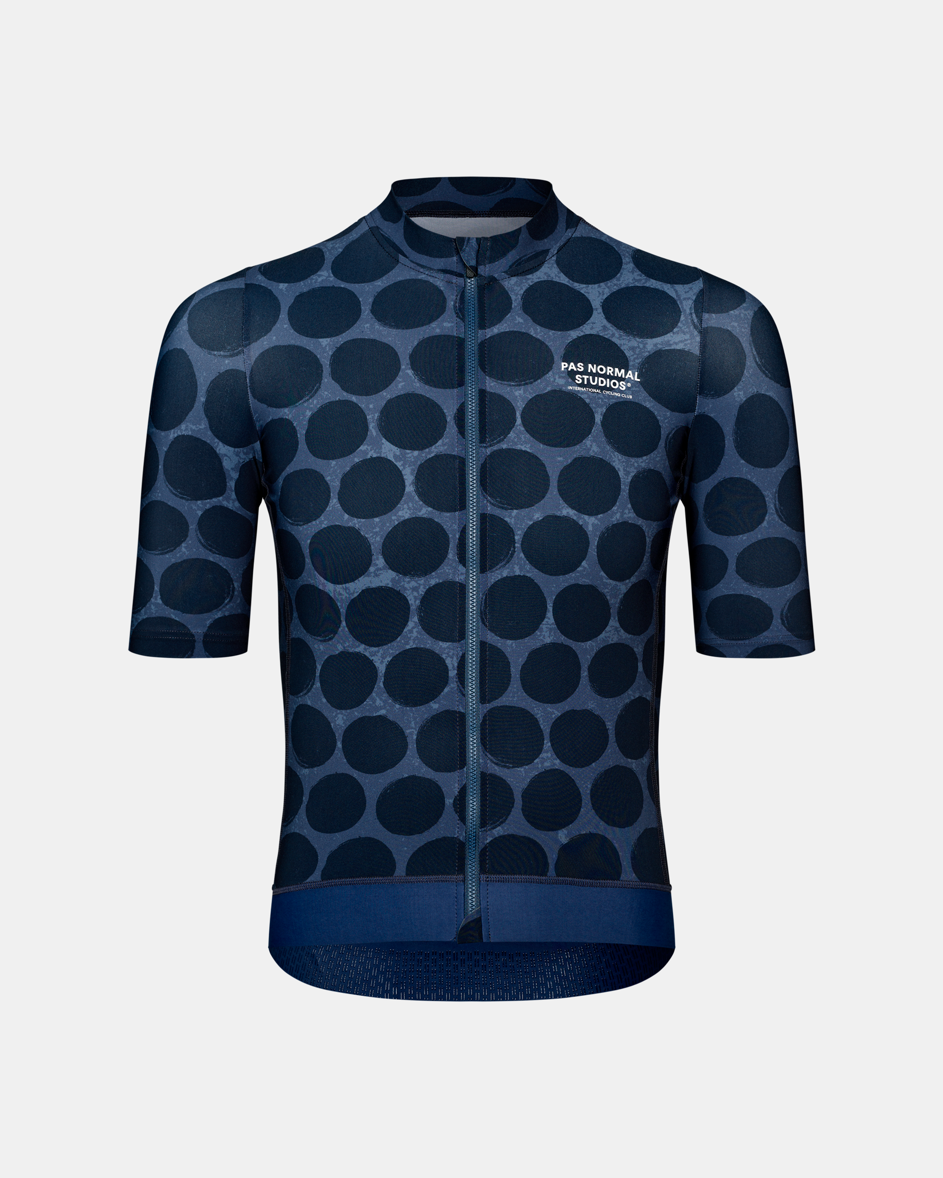 Dark Navy Essential cycling jersey, front flat lay with all-over dot print and full-length zip