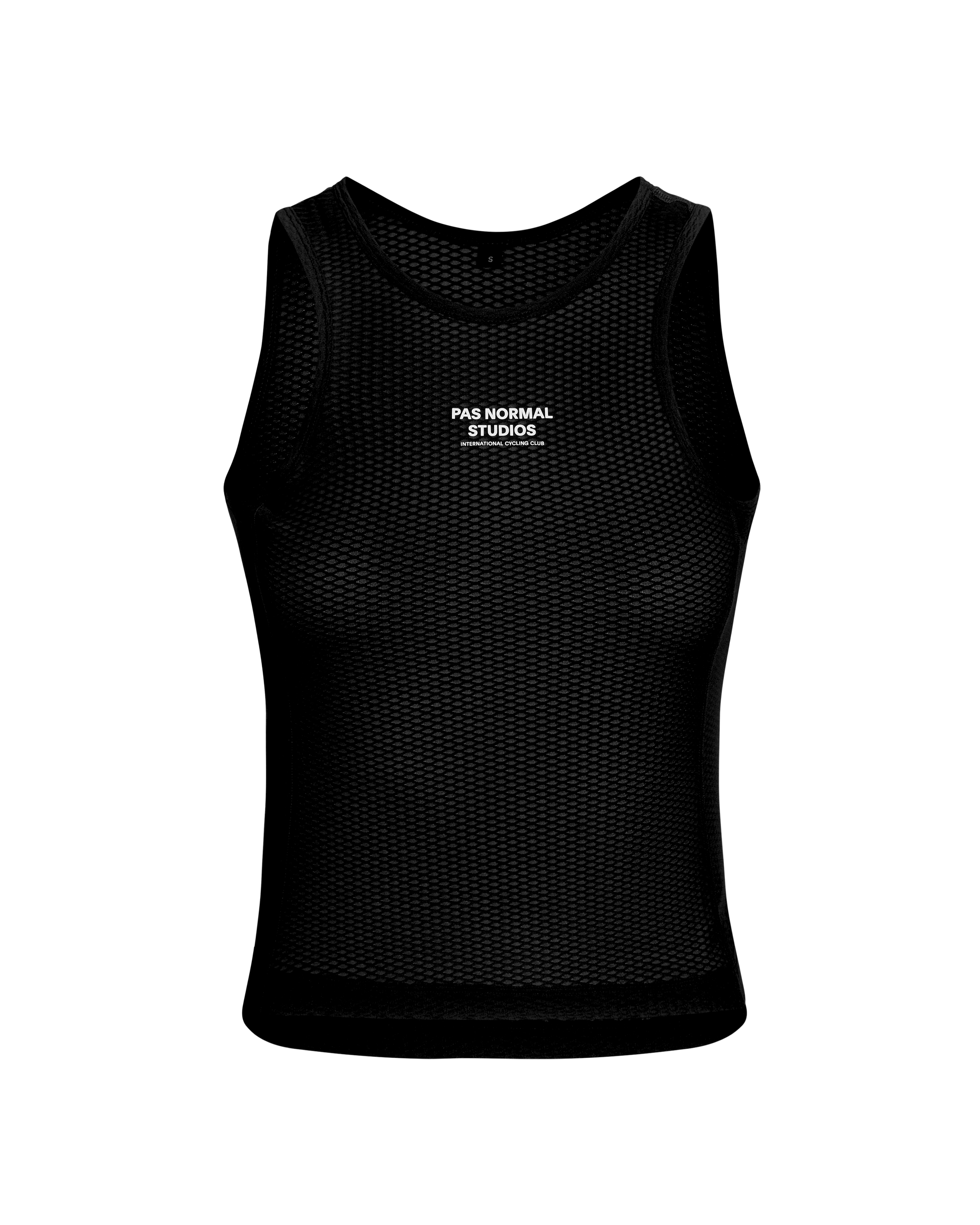 Black Mechanism cycling base layer, front view with mesh construction and white chest logo