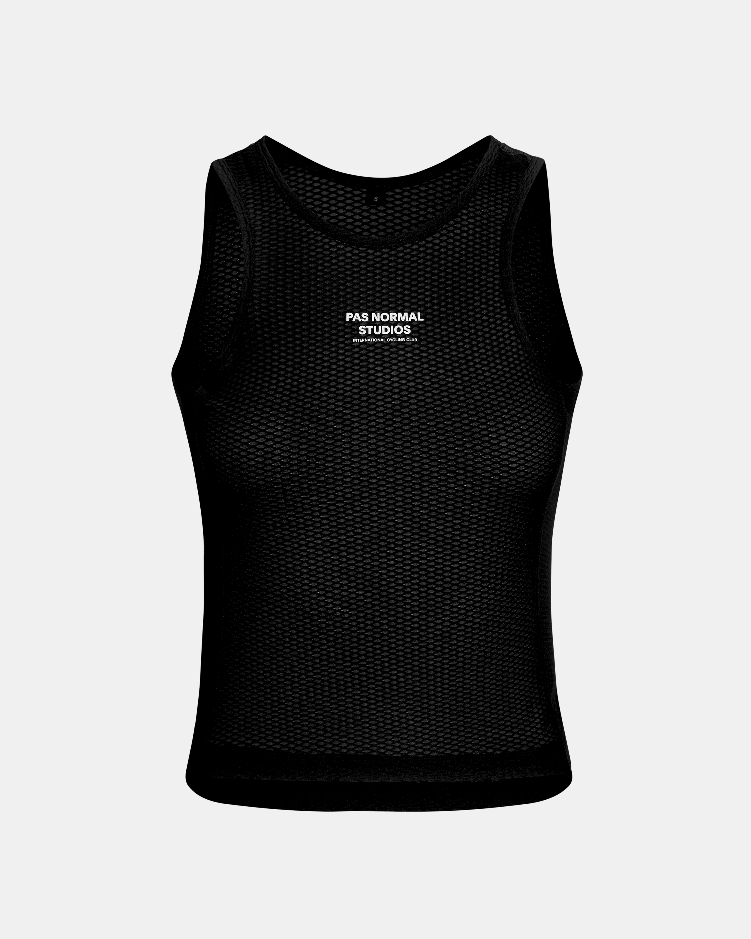 Black Mechanism cycling base layer, front view with mesh construction and white chest logo