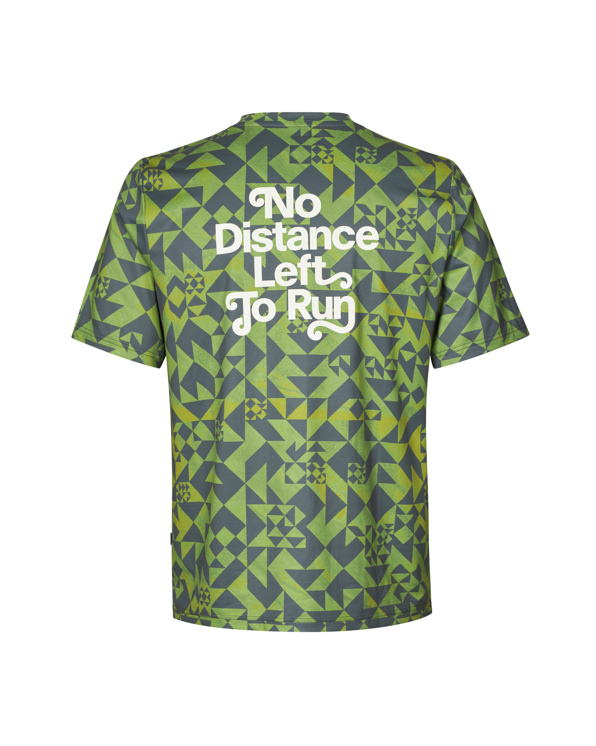 Green Balance t-shirt, rear view with geometric print and white text