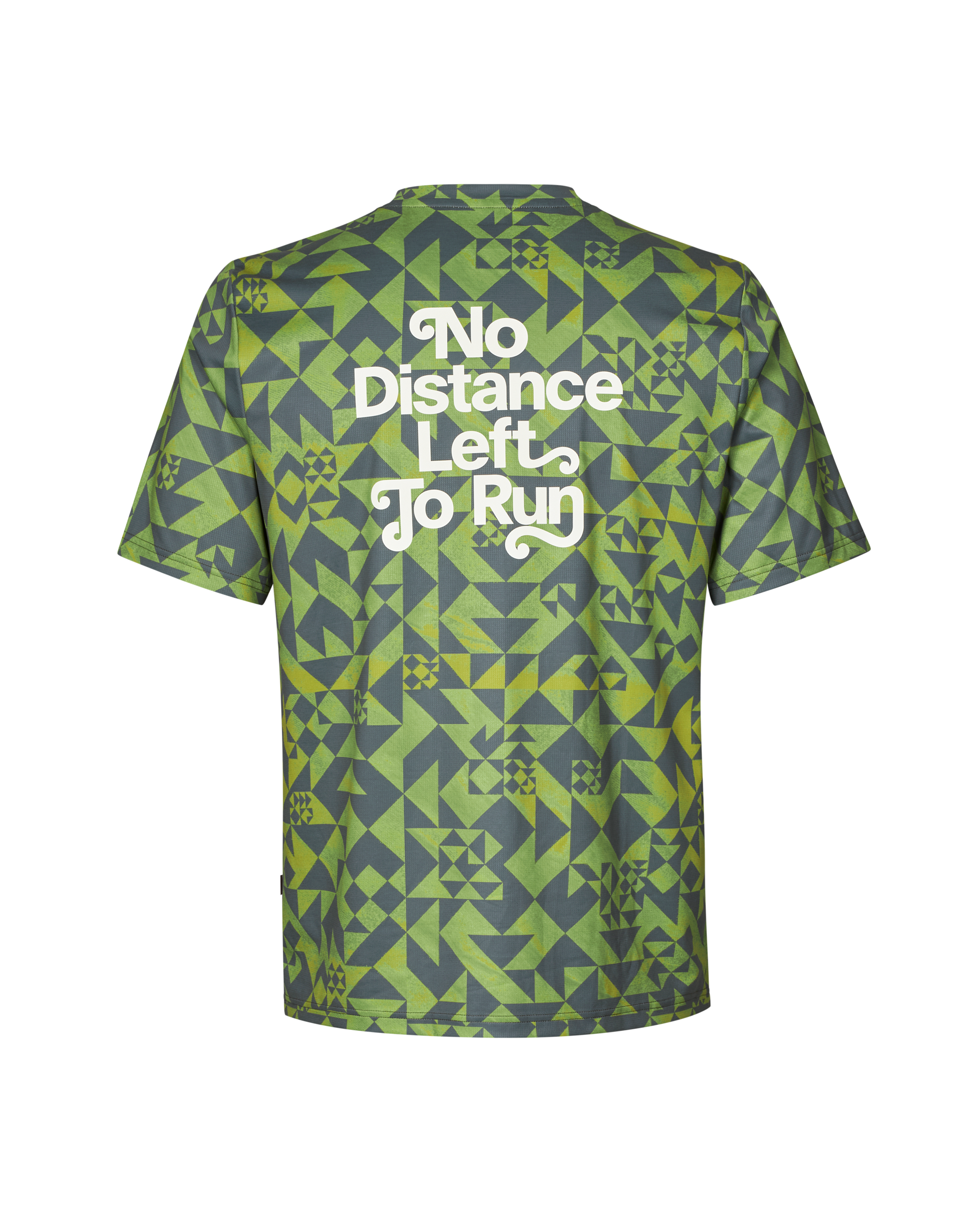 Green Balance t-shirt, rear view with geometric print and white text
