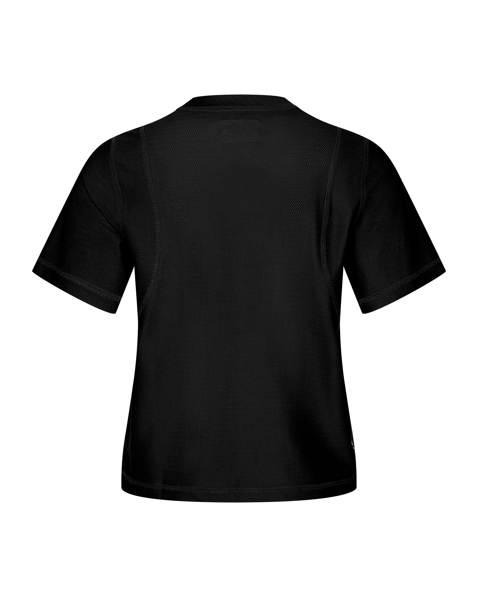 Black Balance women's T-shirt, rear flat lay with contrast panel stitching