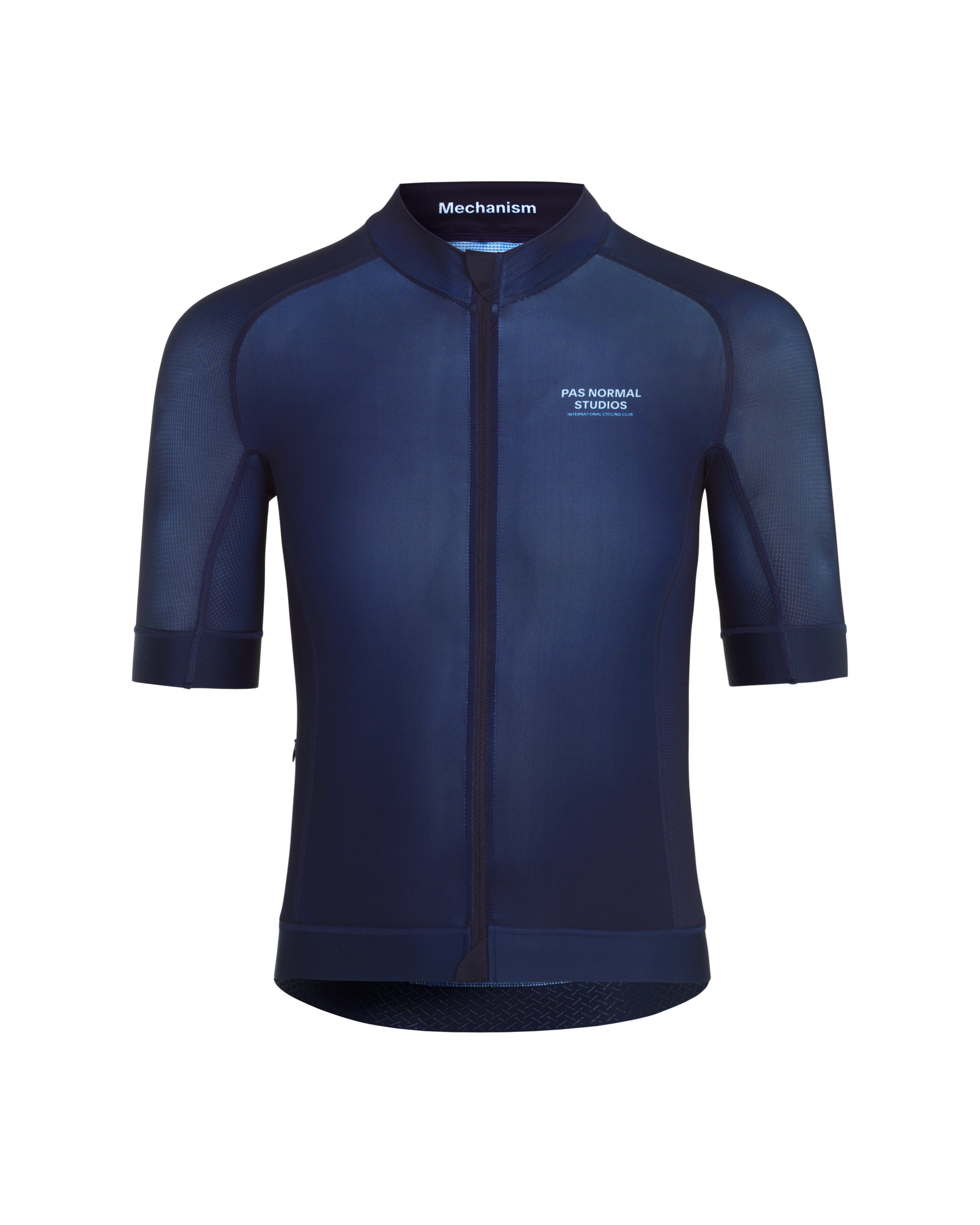 Navy Mechanism cycling jersey, front view with mesh sleeves and contrast zip