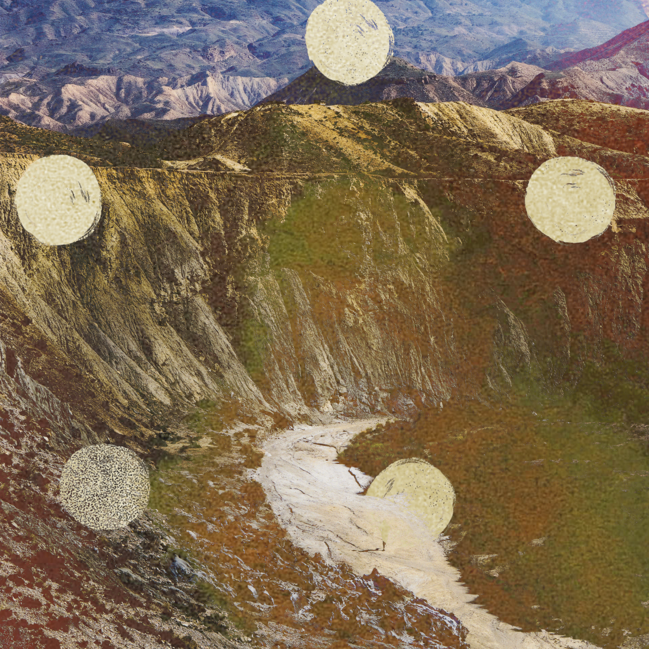 Desert landscape with mountains and circular overlays for SS26 collaboration gallery