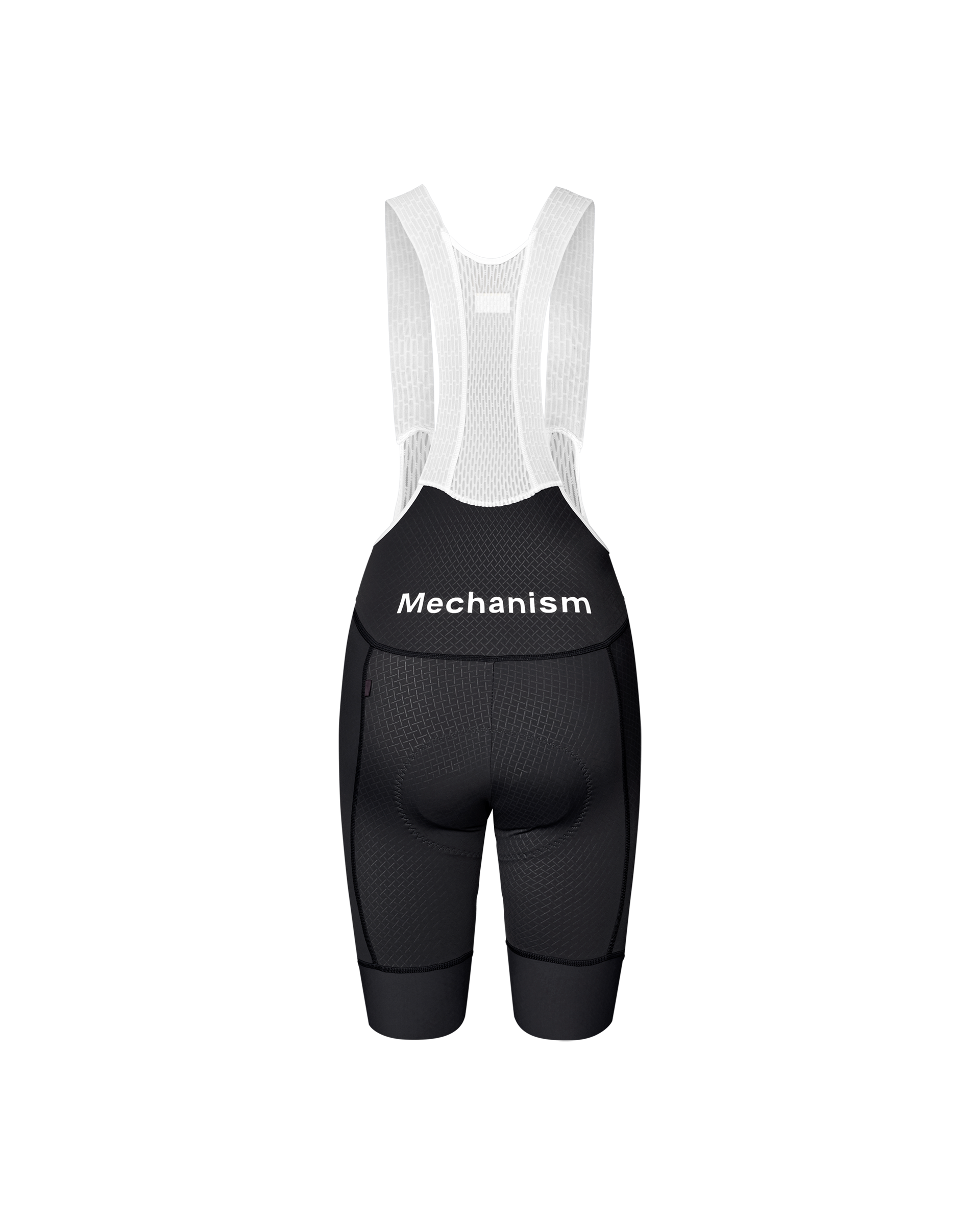 Dark Navy Mechanism women's cycling bibs, rear view on mannequin with white mesh straps and white logo at waistband