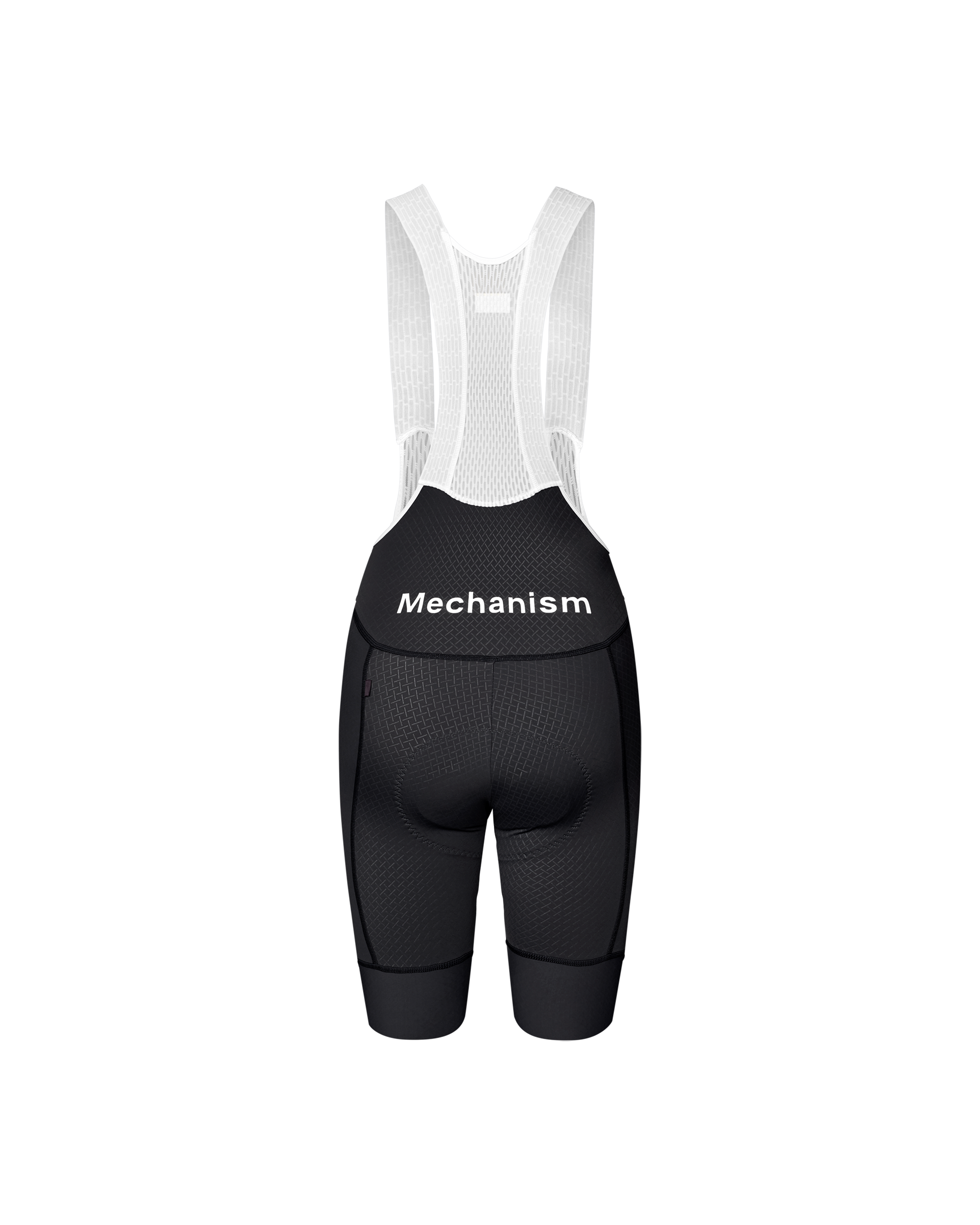 Dark Navy Mechanism women's cycling bibs, rear view on mannequin with white mesh straps and white logo at waistband