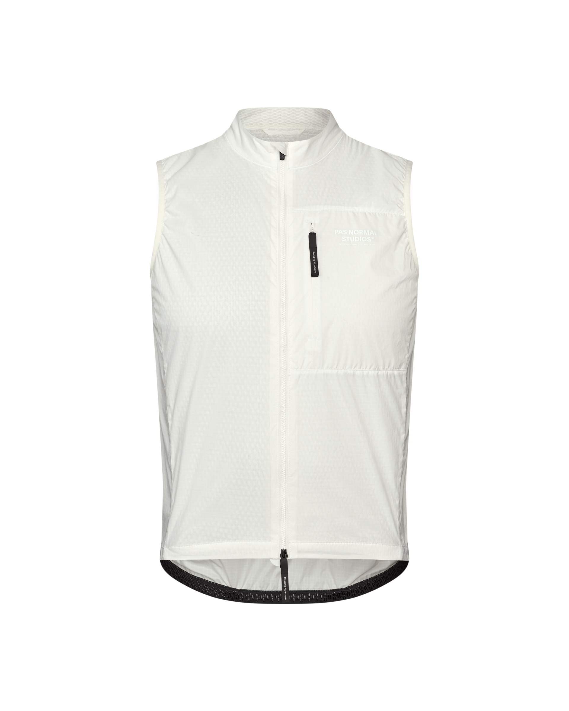Off White Essential Insulated cycling gilet, front view with chest pocket and black contrast zipper