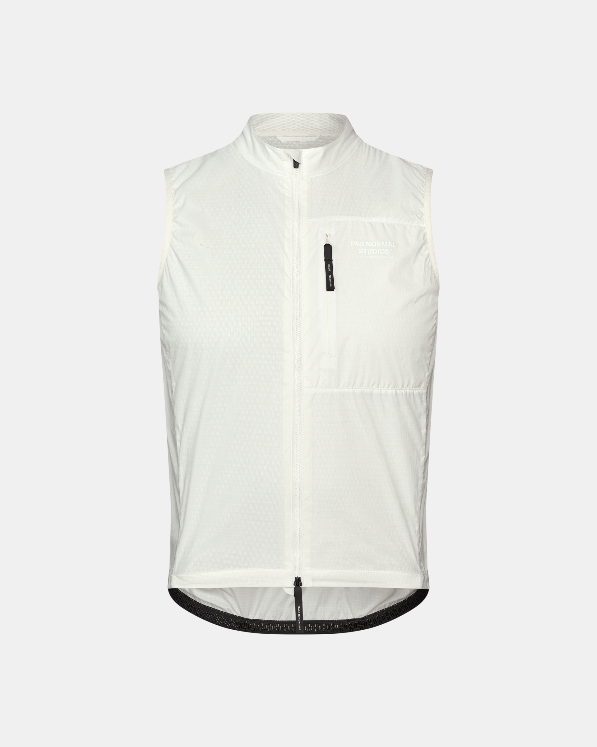 Off White Essential Insulated cycling gilet, front view with chest pocket and black contrast zipper