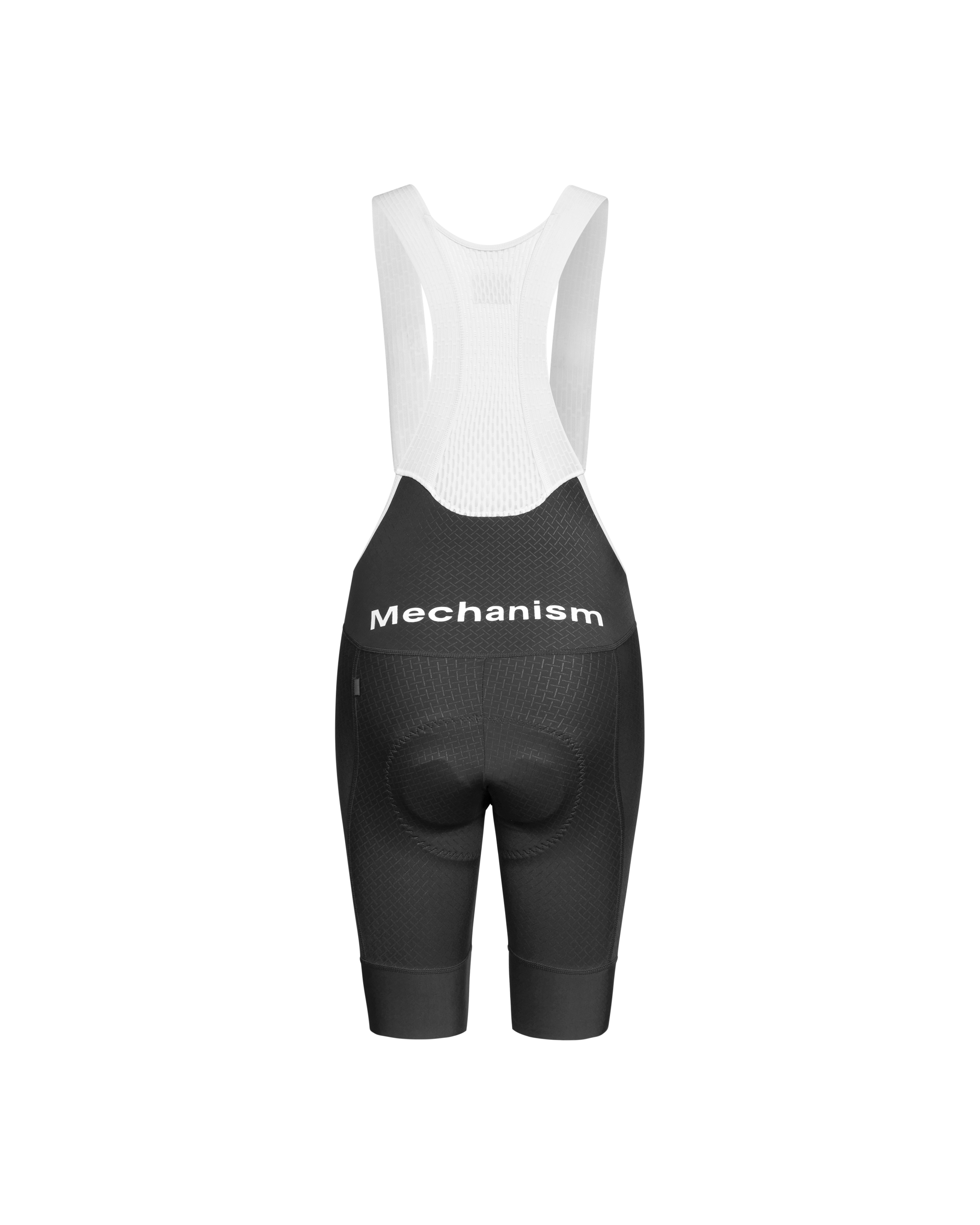 Black Mechanism cycling bibs, rear flat lay with white mesh upper and collection logo