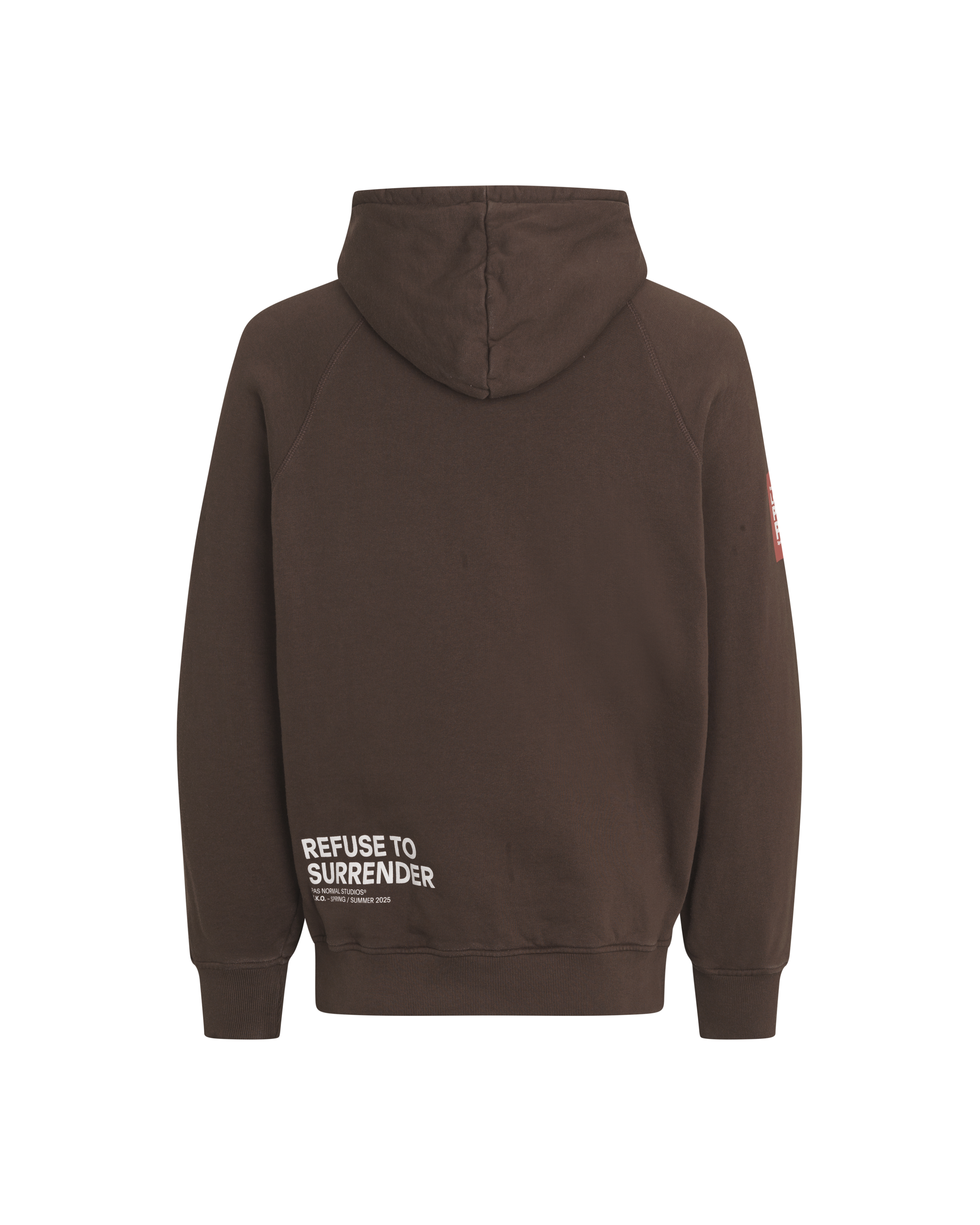 Light Brown T.K.O. Off-Race hoodie, rear view on model with white Refuse To Surrender back print