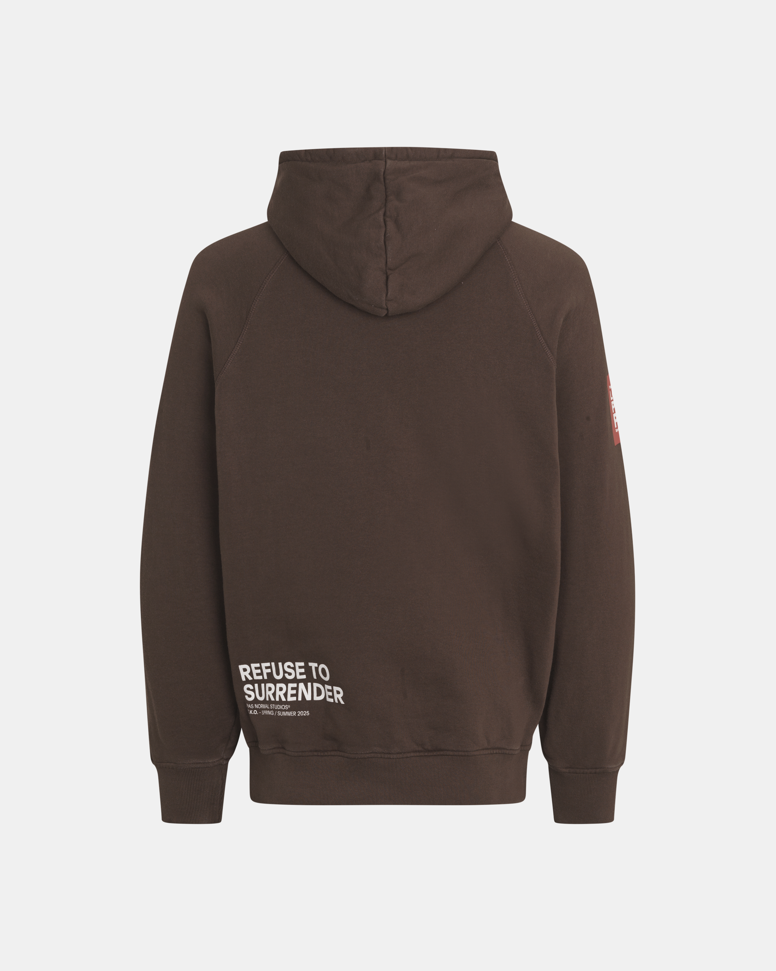Light Brown T.K.O. Off-Race hoodie, rear view on model with white Refuse To Surrender back print