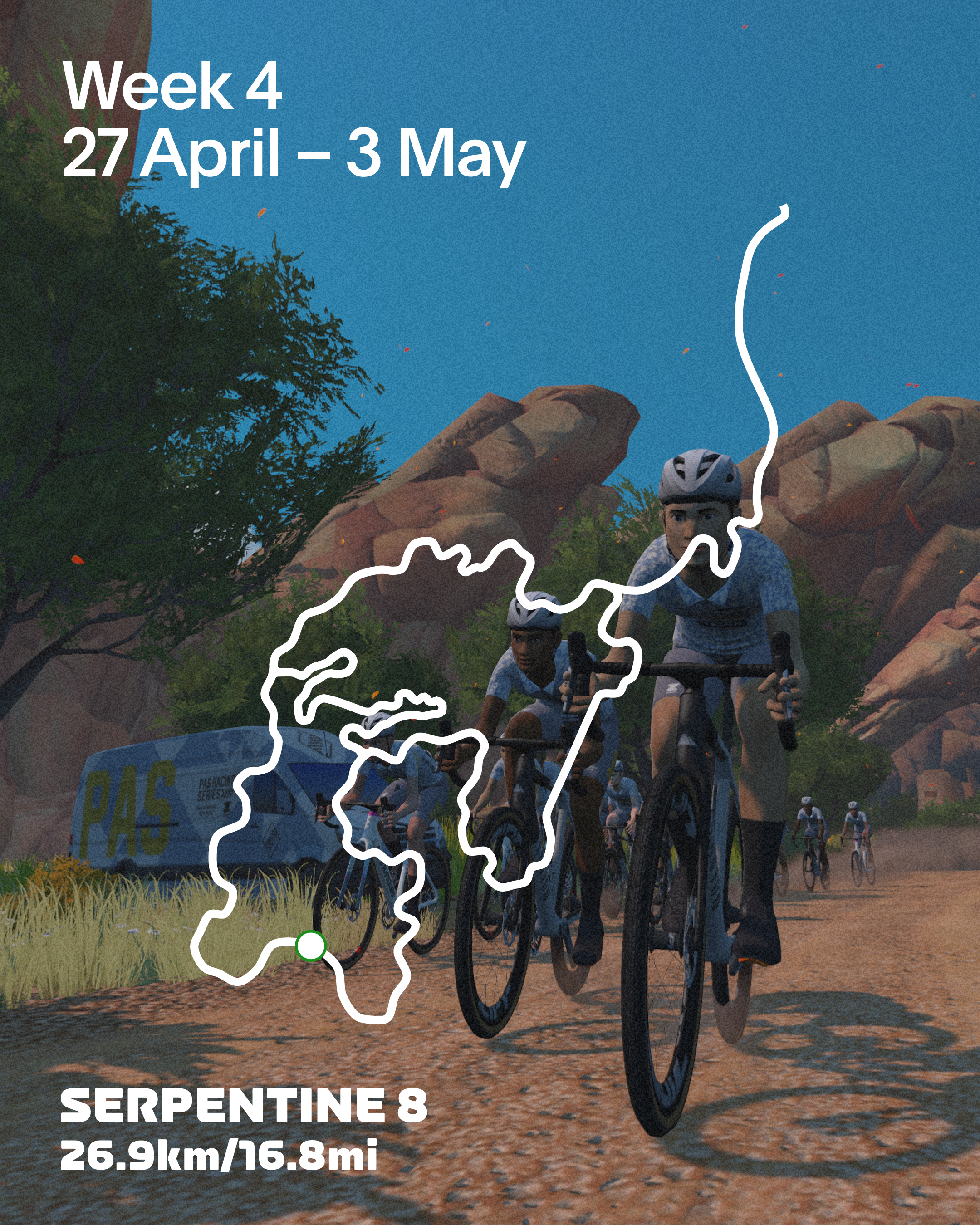 Cyclists racing on desert gravel road with route map overlay for Serpentine 8 course, Week 4 April 27 - May 3