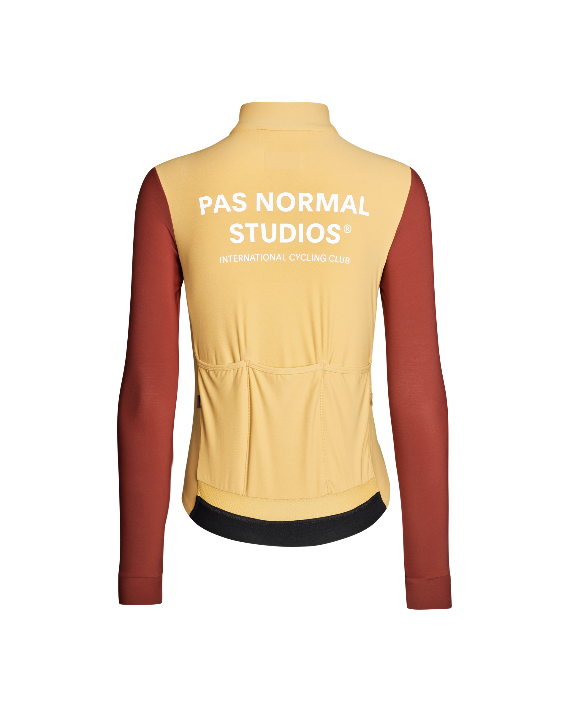 Yellow Mechanism long sleeve cycling jersey, rear view with contrast red sleeves