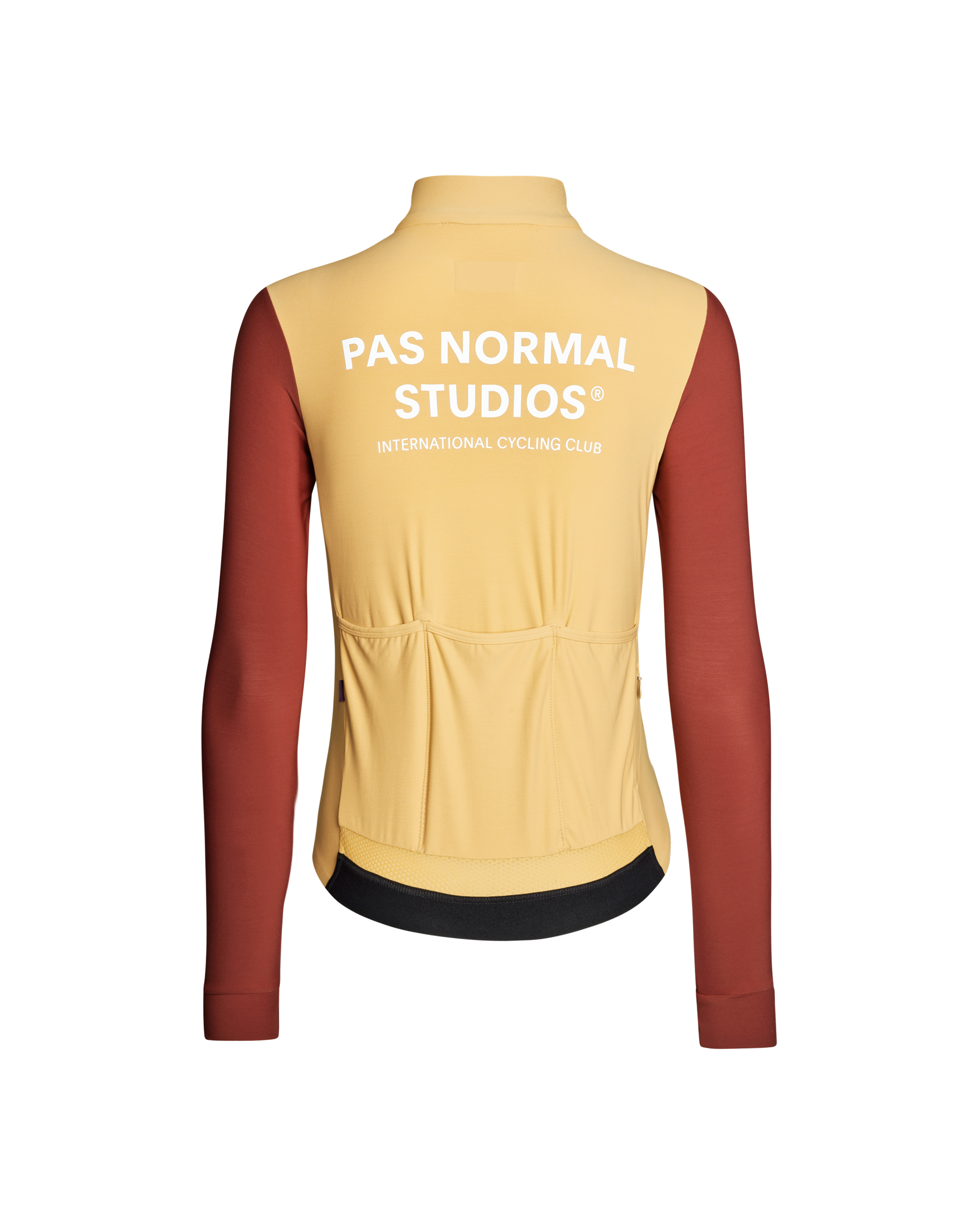 Yellow Mechanism long sleeve cycling jersey, rear view with contrast red sleeves