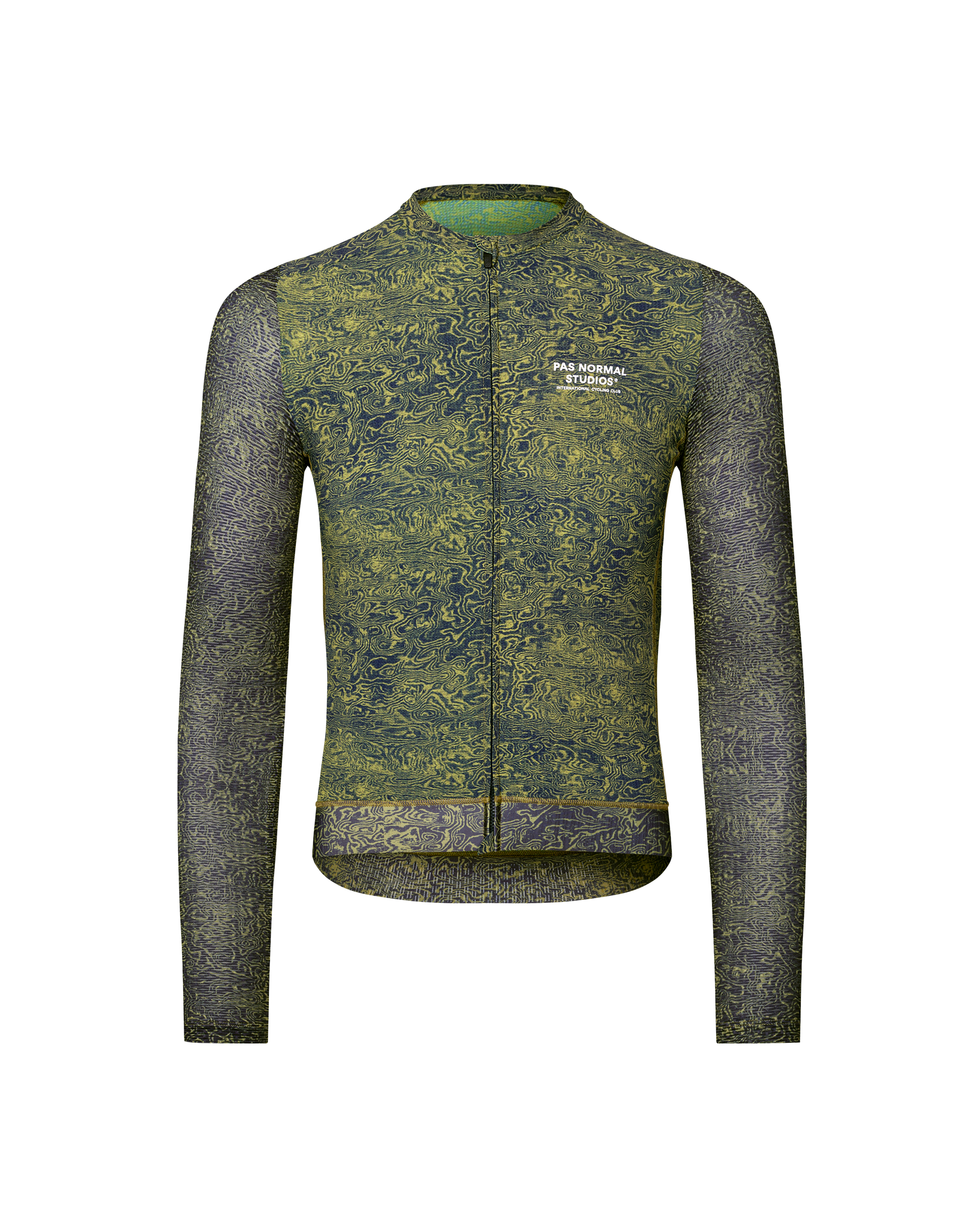 Dark Lime Essential Light long sleeve cycling jersey, front flat lay with all-over swirl print