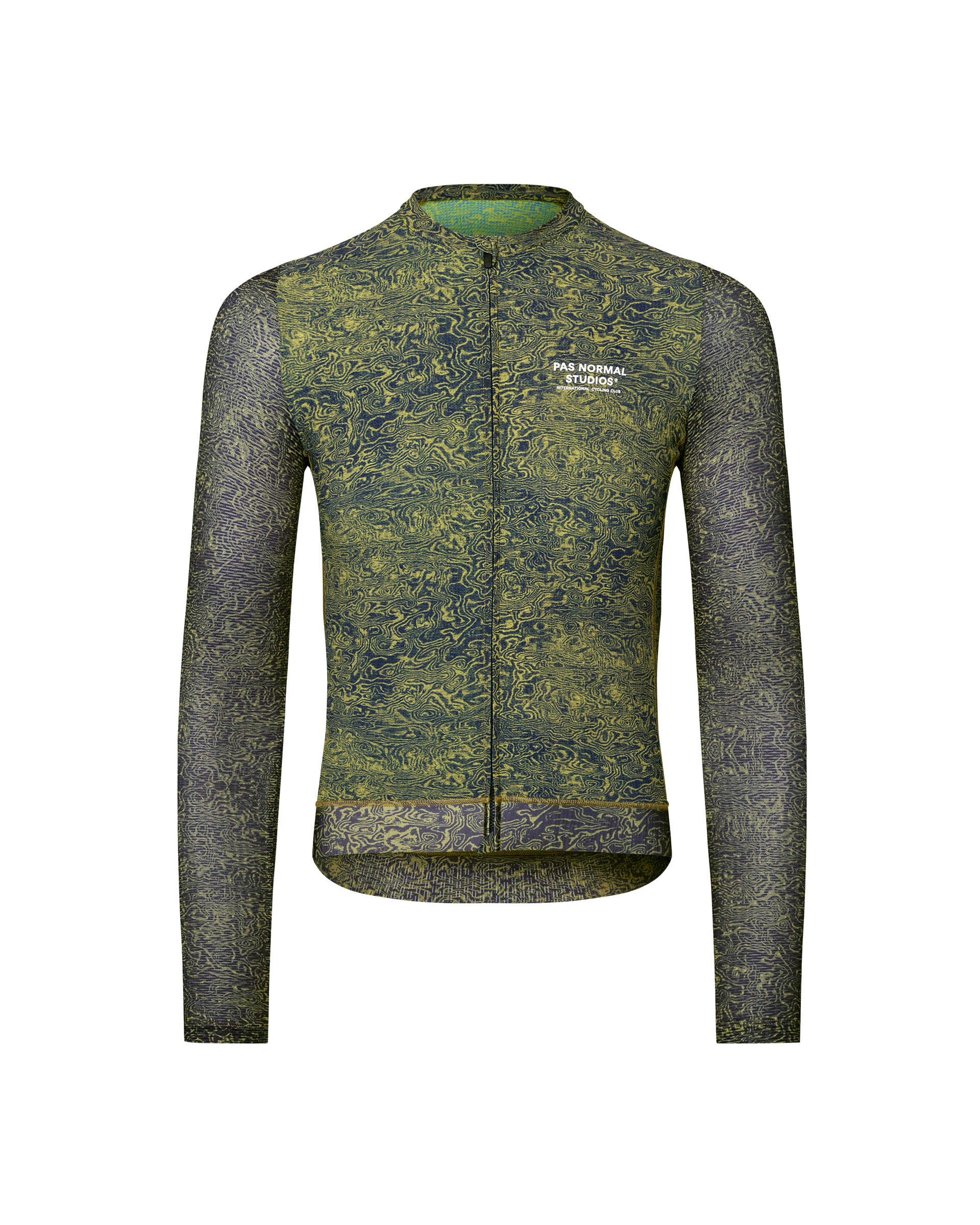 Dark Lime Essential Light long sleeve cycling jersey, front flat lay with all-over swirl print