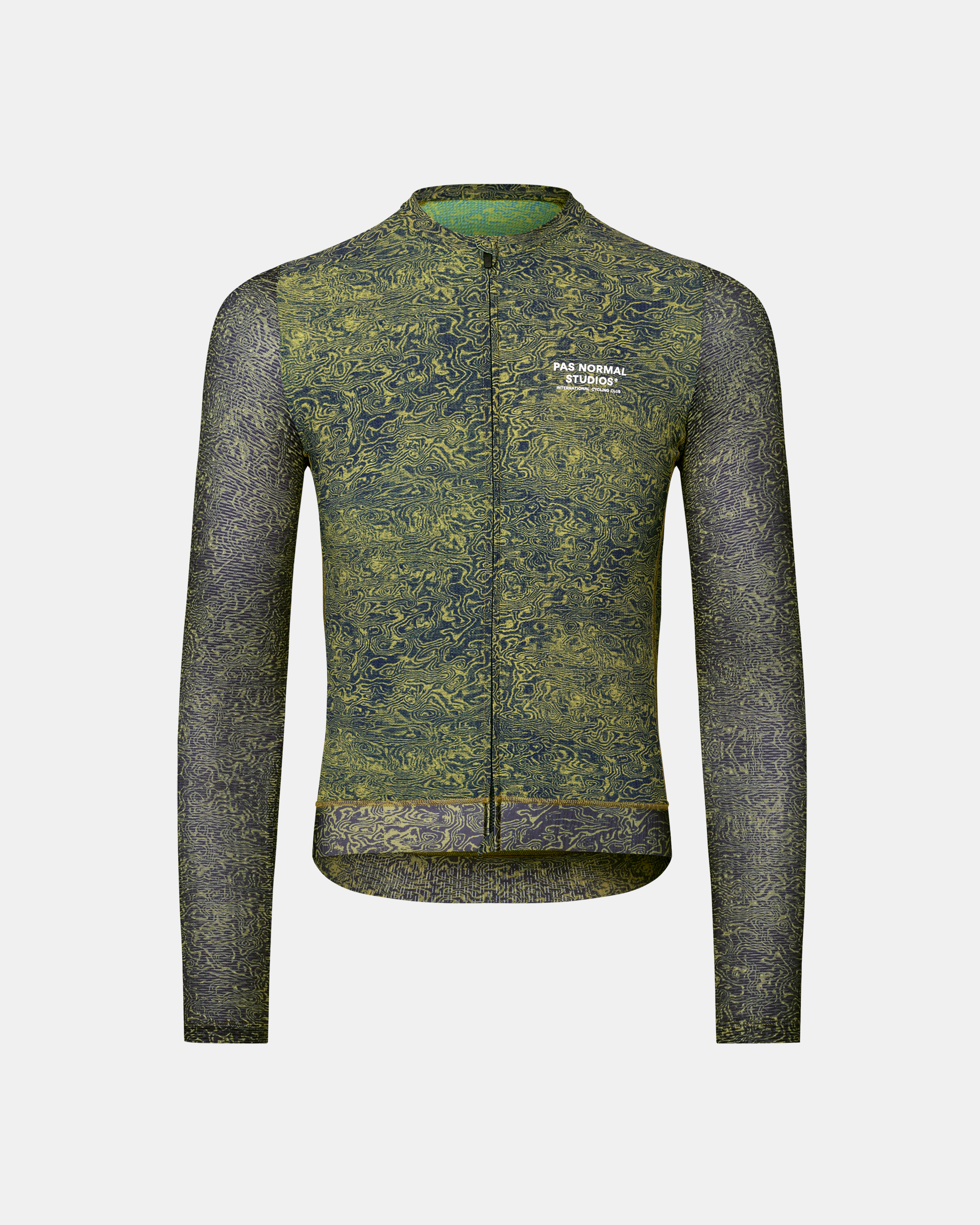 Dark Lime Essential Light long sleeve cycling jersey, front flat lay with all-over swirl print