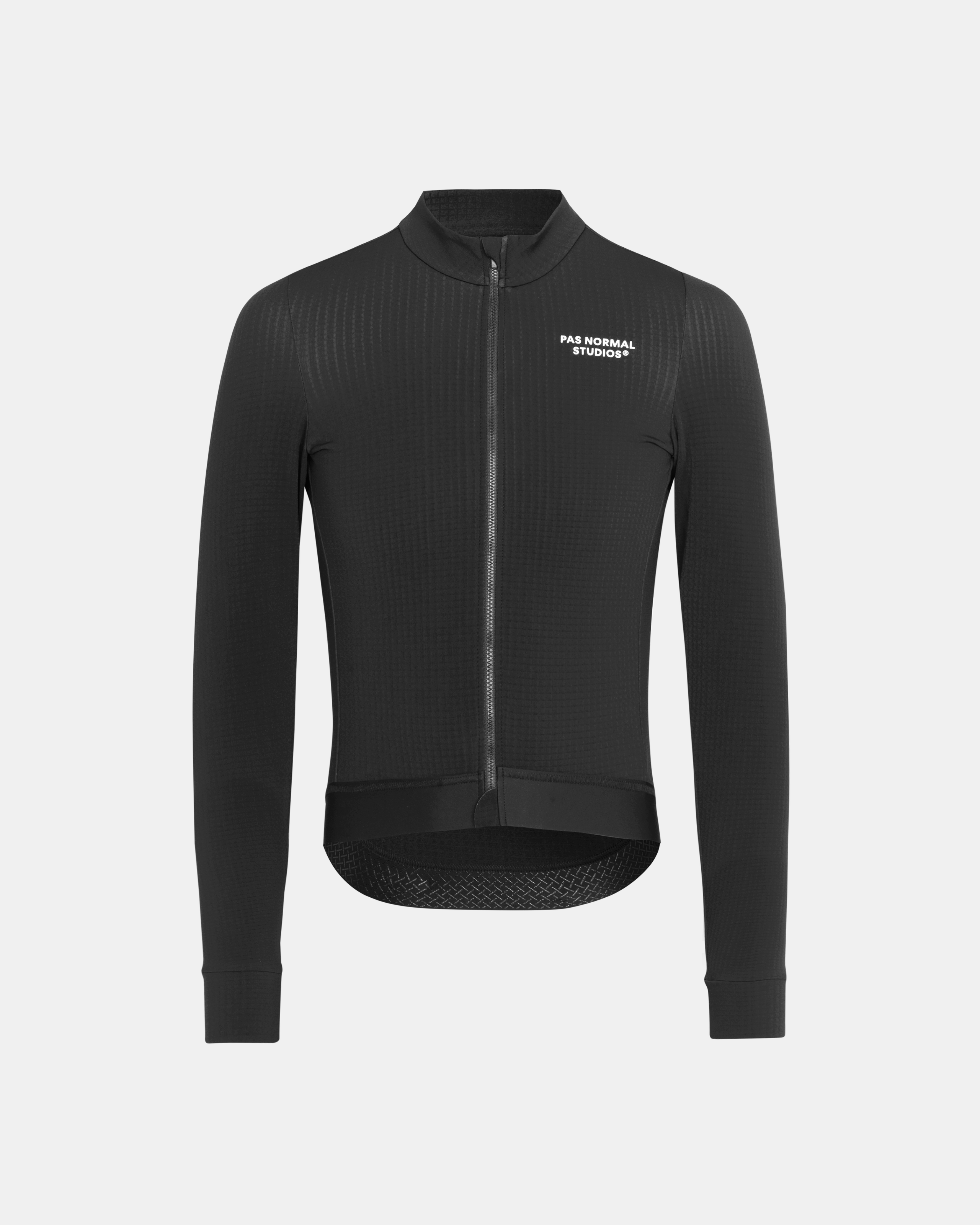 Black Essential long sleeve cycling jersey, front view with ribbed shoulder panels