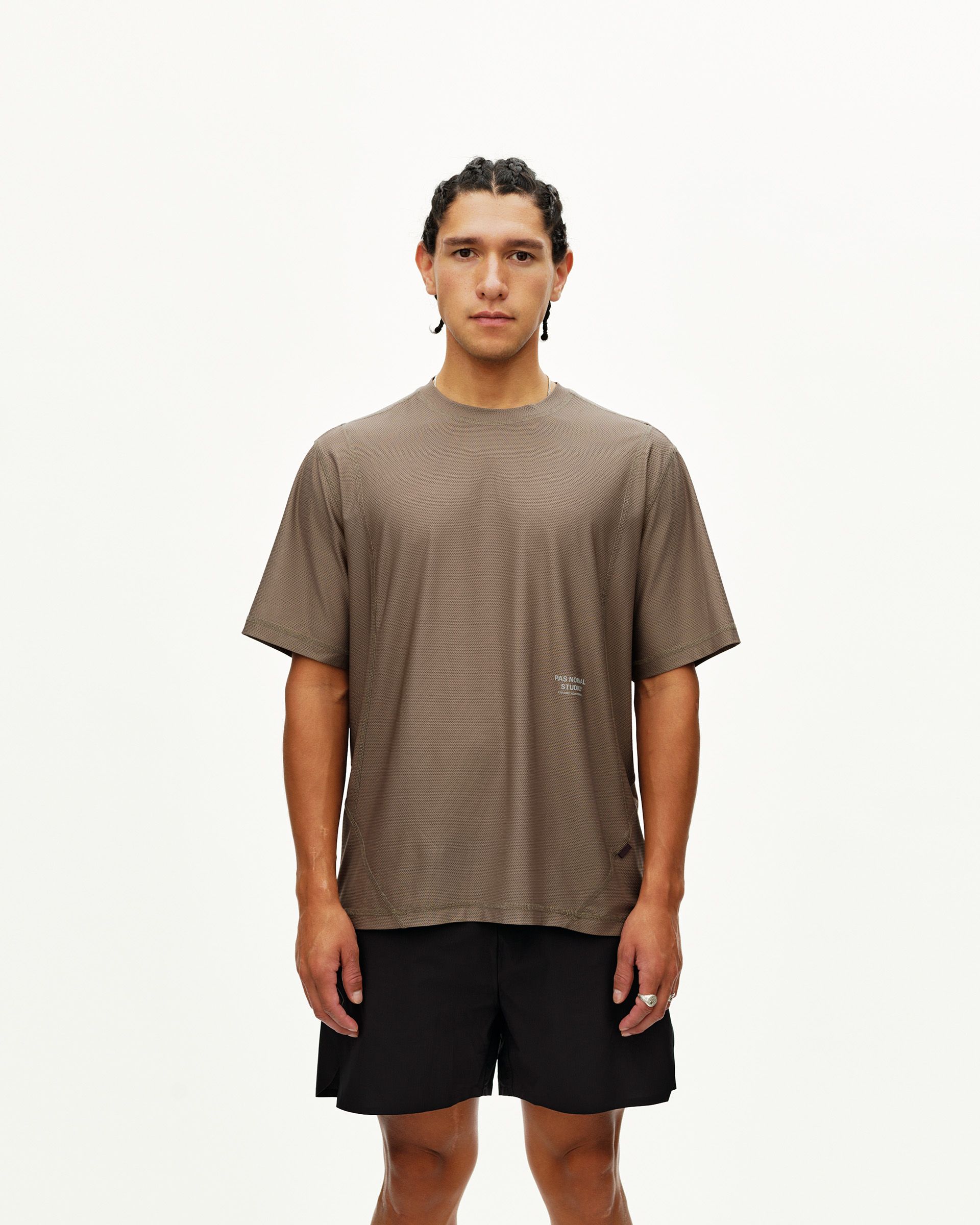 Stone Brown Balance T-Shirt on model, front view with tonal chest logo print