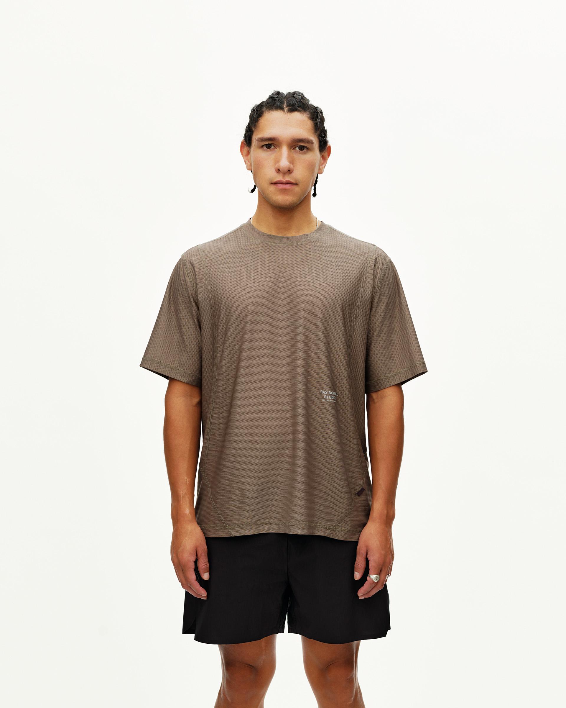Stone Brown Balance T-Shirt on model, front view with tonal chest logo print