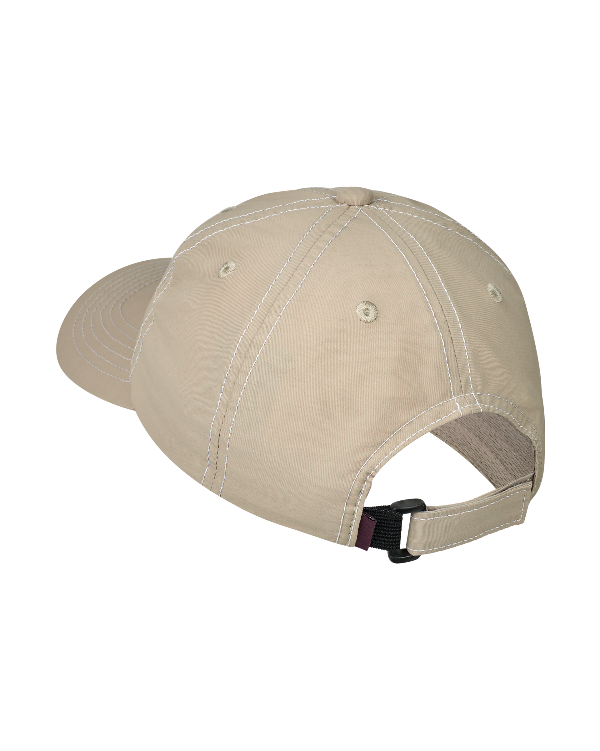 Beige Off-Race cap, rear three-quarter view with contrast stitching and adjustable strap