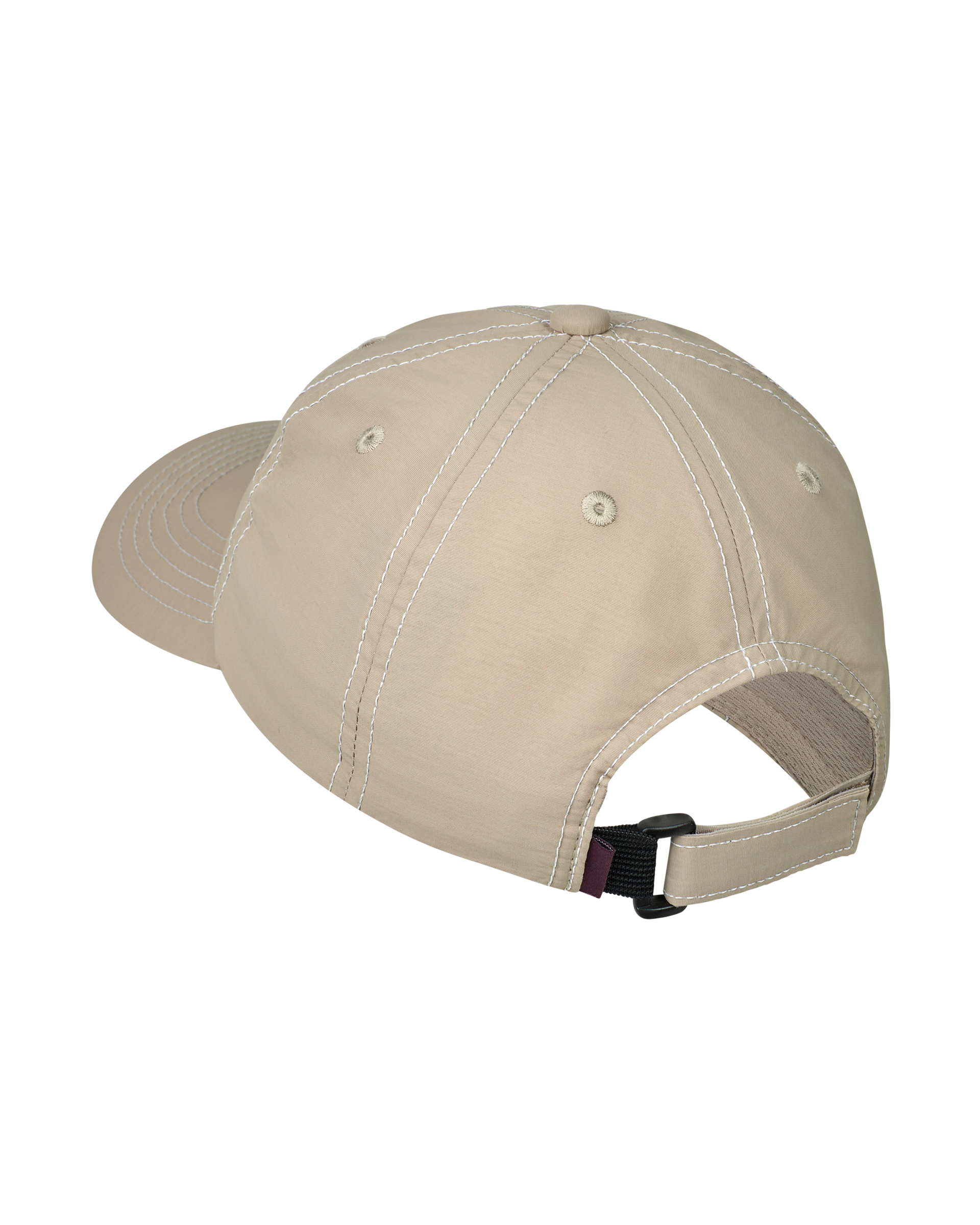 Beige Off-Race cap, rear three-quarter view with contrast stitching and adjustable strap