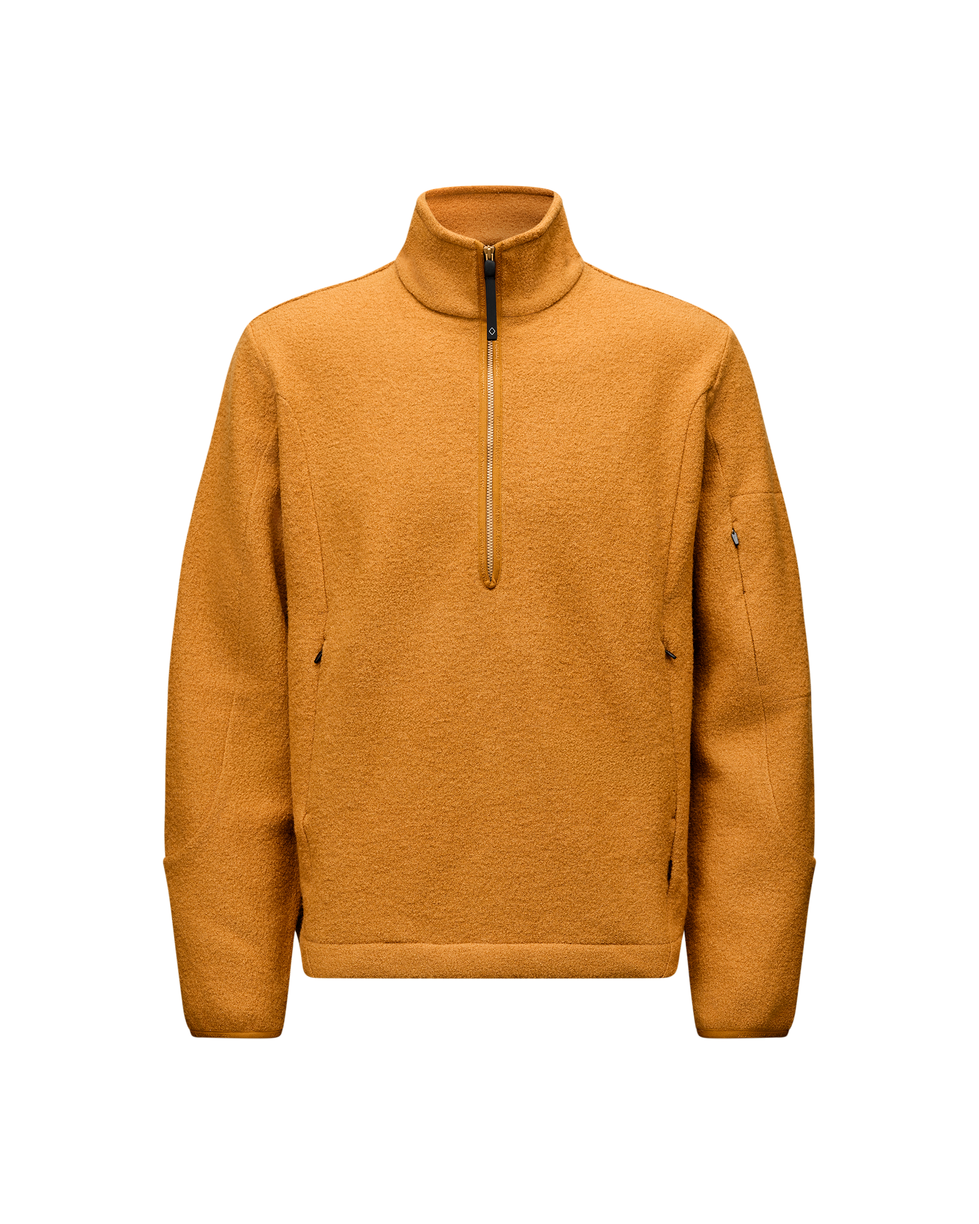 Ochre Off-Race Boiled Wool Half-Zip outerwear, front flat lay with contrast zip and side pockets