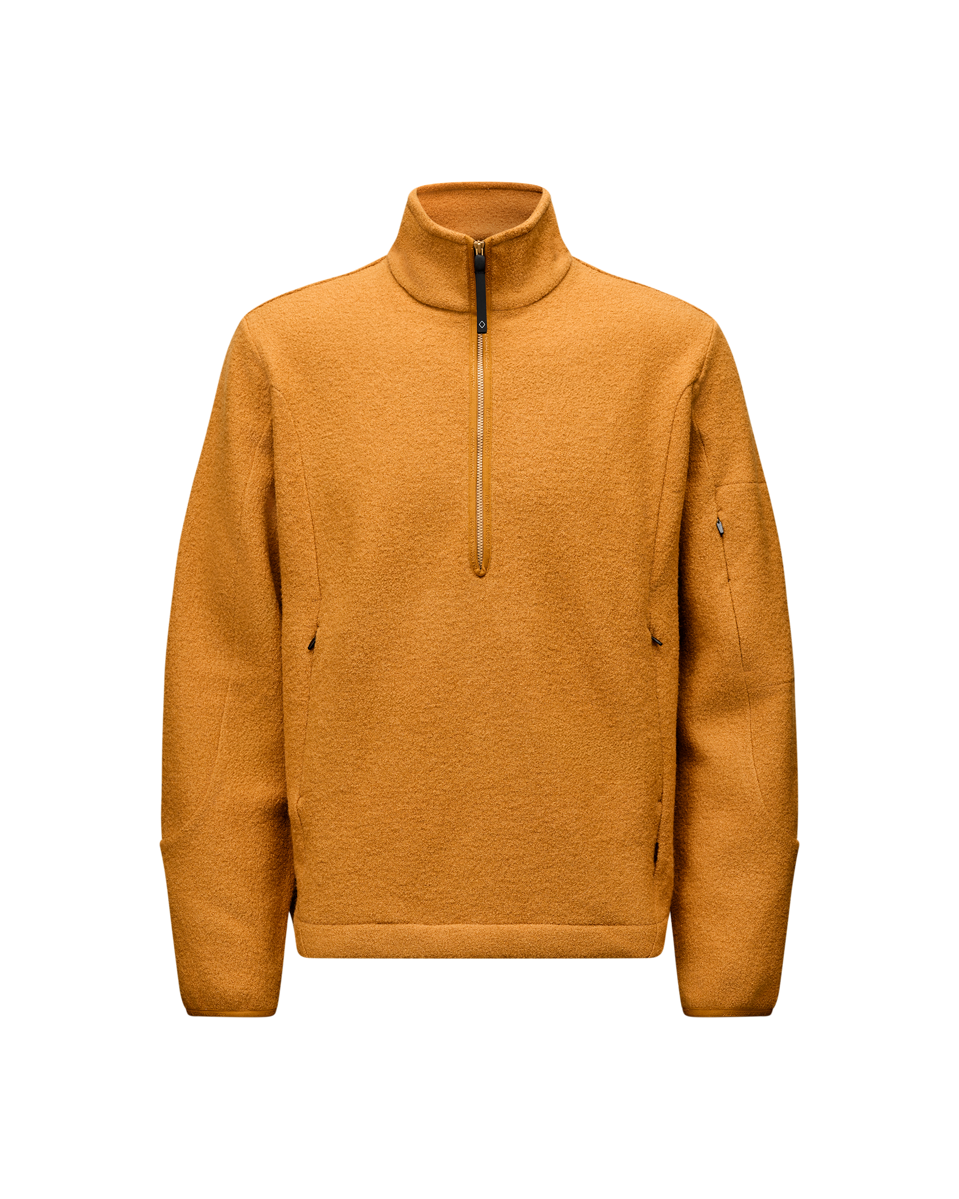 Ochre Off-Race Boiled Wool Half-Zip outerwear, front flat lay with contrast zip and side pockets