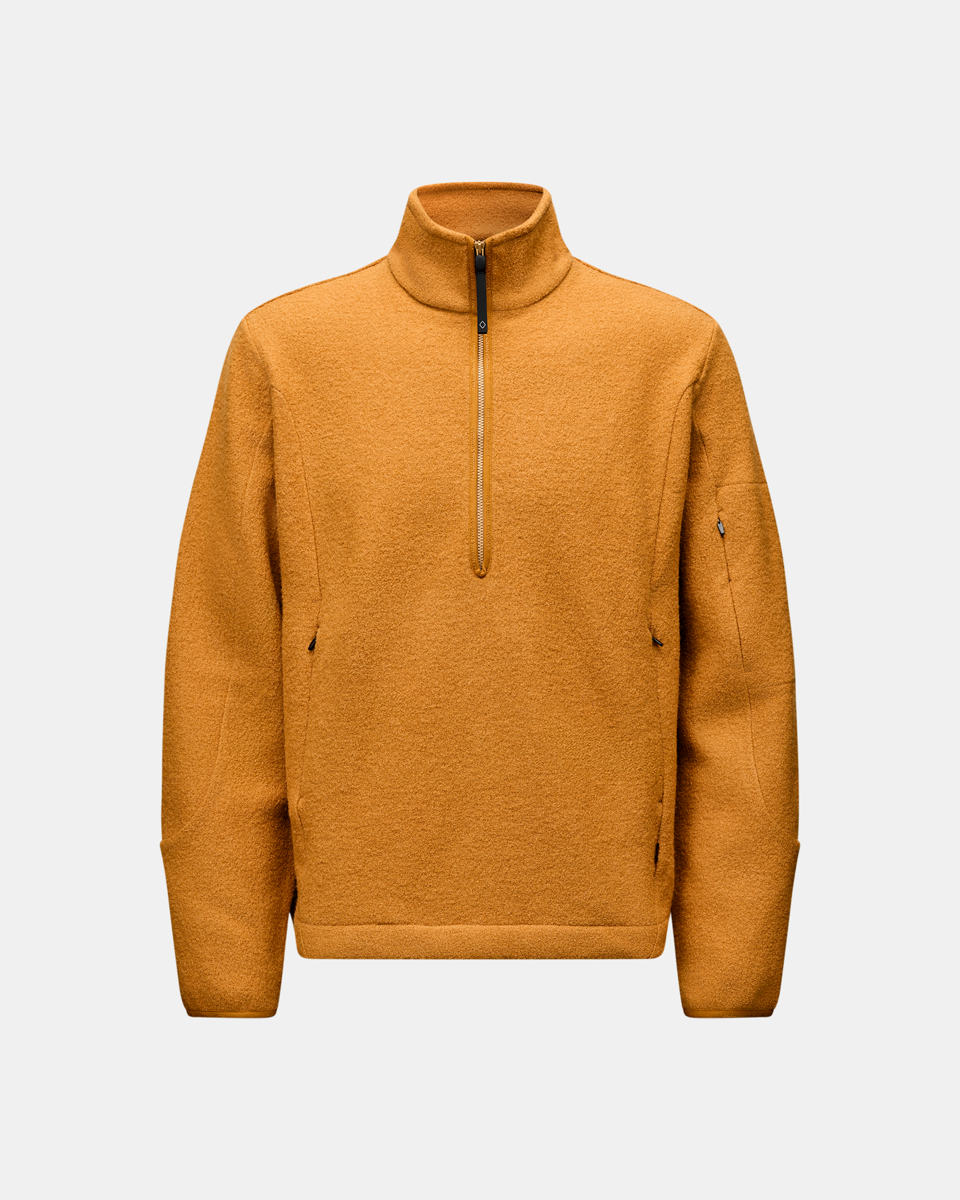Ochre Off-Race Boiled Wool Half-Zip outerwear, front flat lay with contrast zip and side pockets