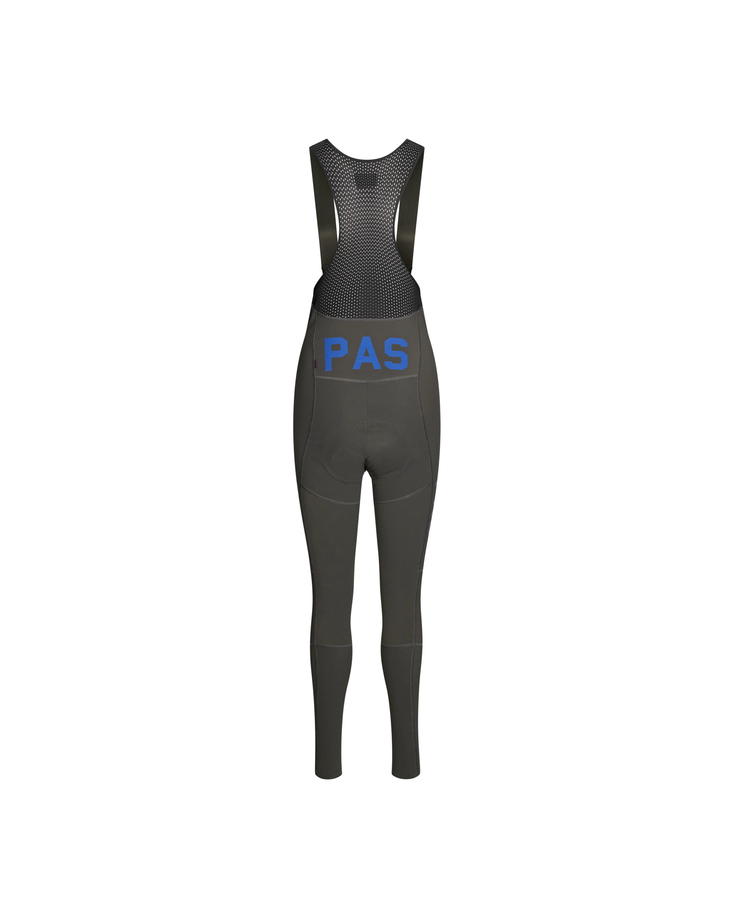 Dark Olive PAS Mechanism Deep Winter Long cycling bibs, front flat lay with mesh upper panel