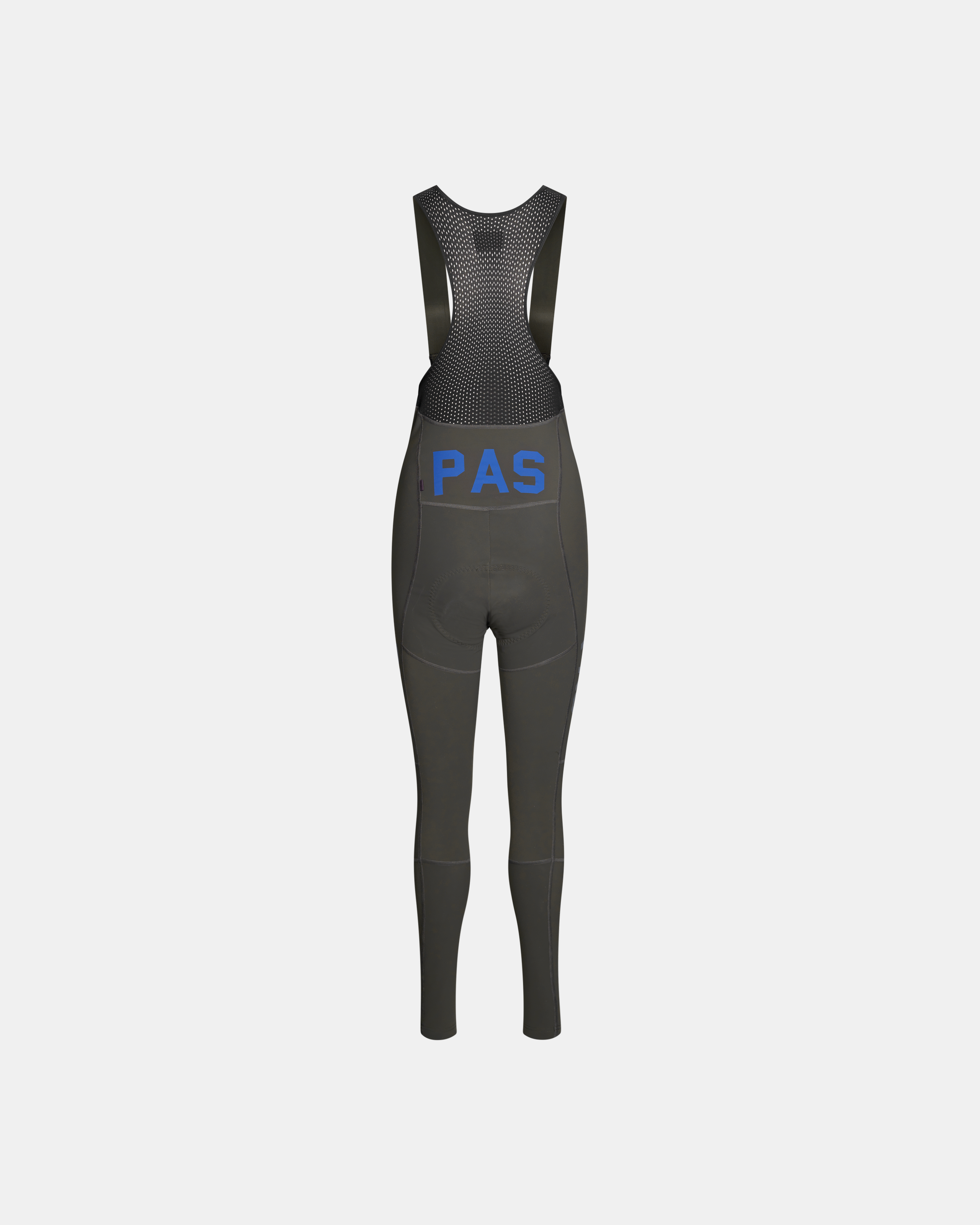 Dark Olive PAS Mechanism Deep Winter Long cycling bibs, front flat lay with mesh upper panel