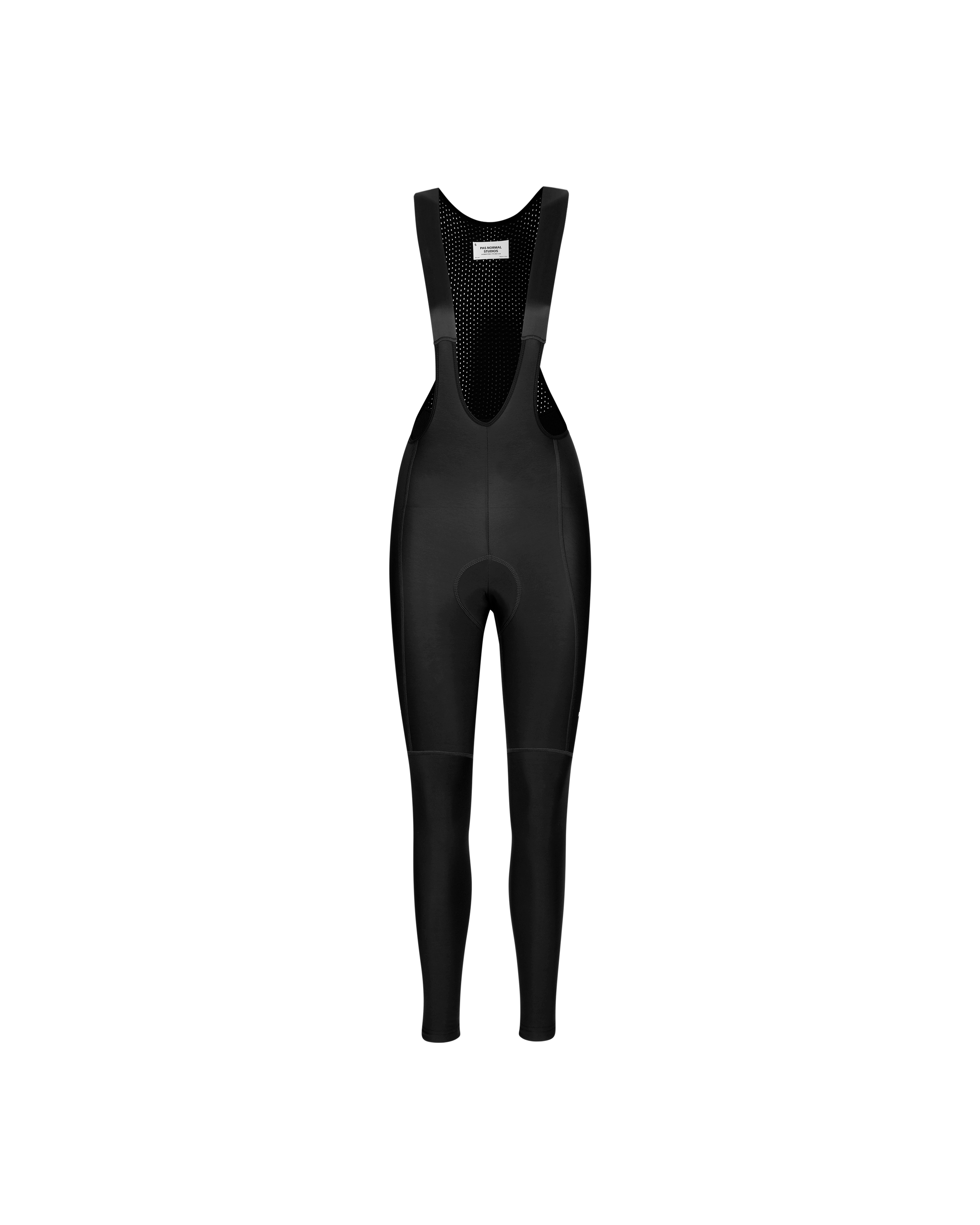 Black Essential women's thermal long cycling bib tights, front flat lay with perforated mesh bib panel
